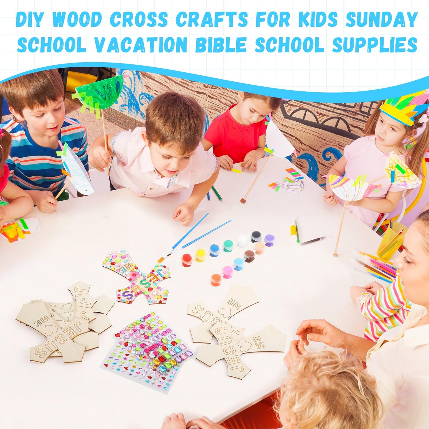 PullCrease 37 Pcs Christian Valentine Cross Craft Kit for Kids – Wooden Crosses, Paint & 12 Stickers