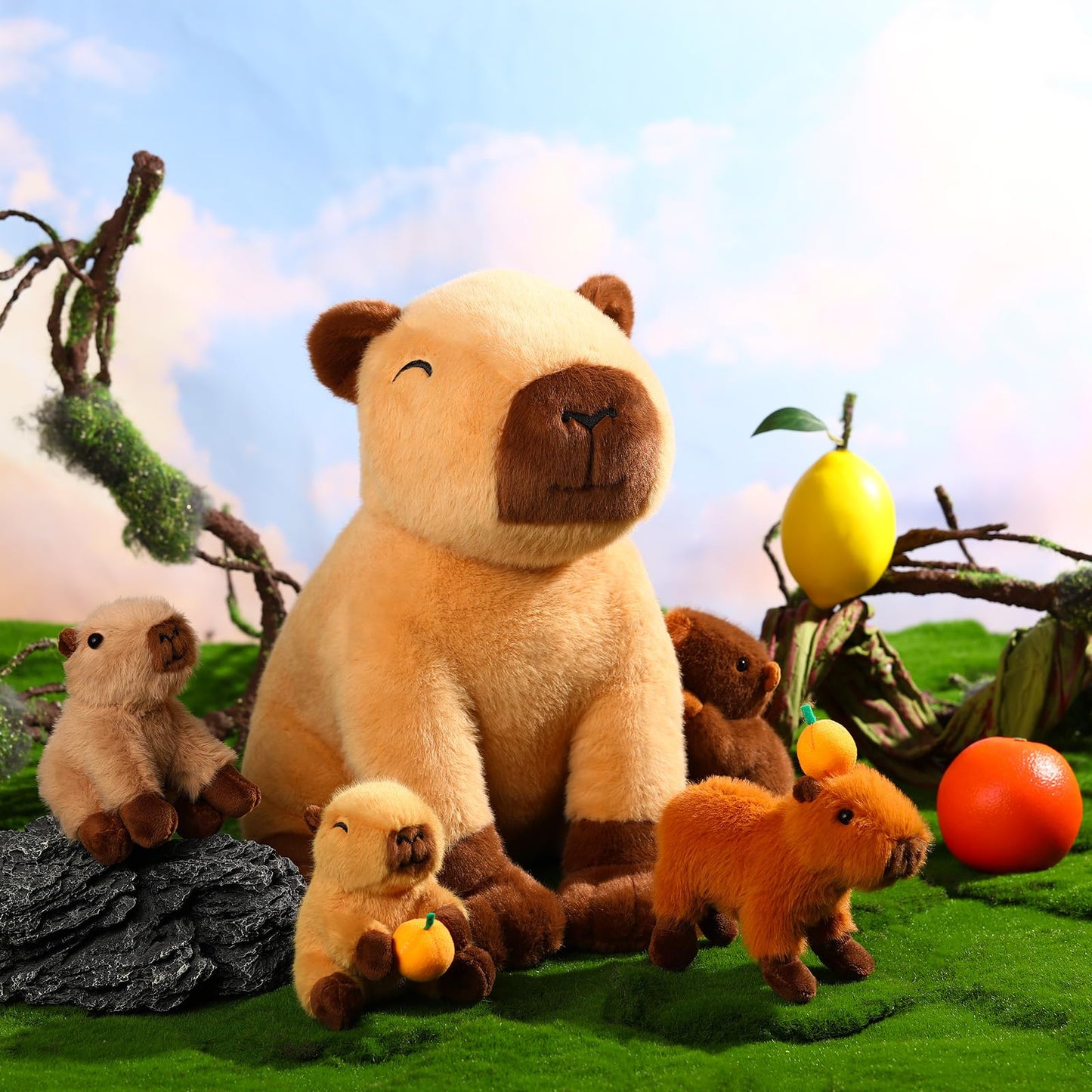 PullCrease 5-in-1 Capybara Plush Set: 15.75'' Mommy with 4 Babies