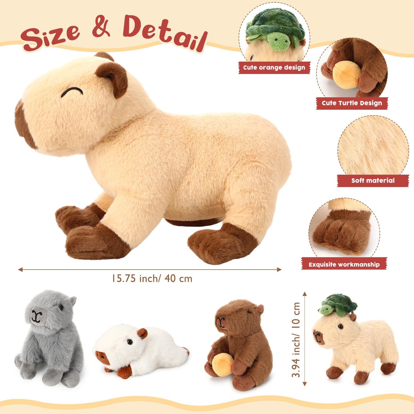 PullCrease 5-in-1 Capybara Plush Set – Mommy with 4 Babies, 15.75'' Standing Capybara Toy
