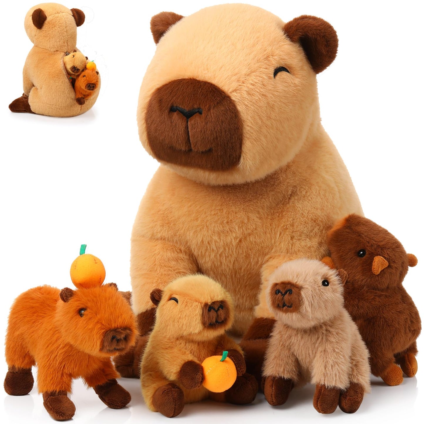 PullCrease 5-in-1 Capybara Plush Set: 15.75'' Mommy with 4 Babies