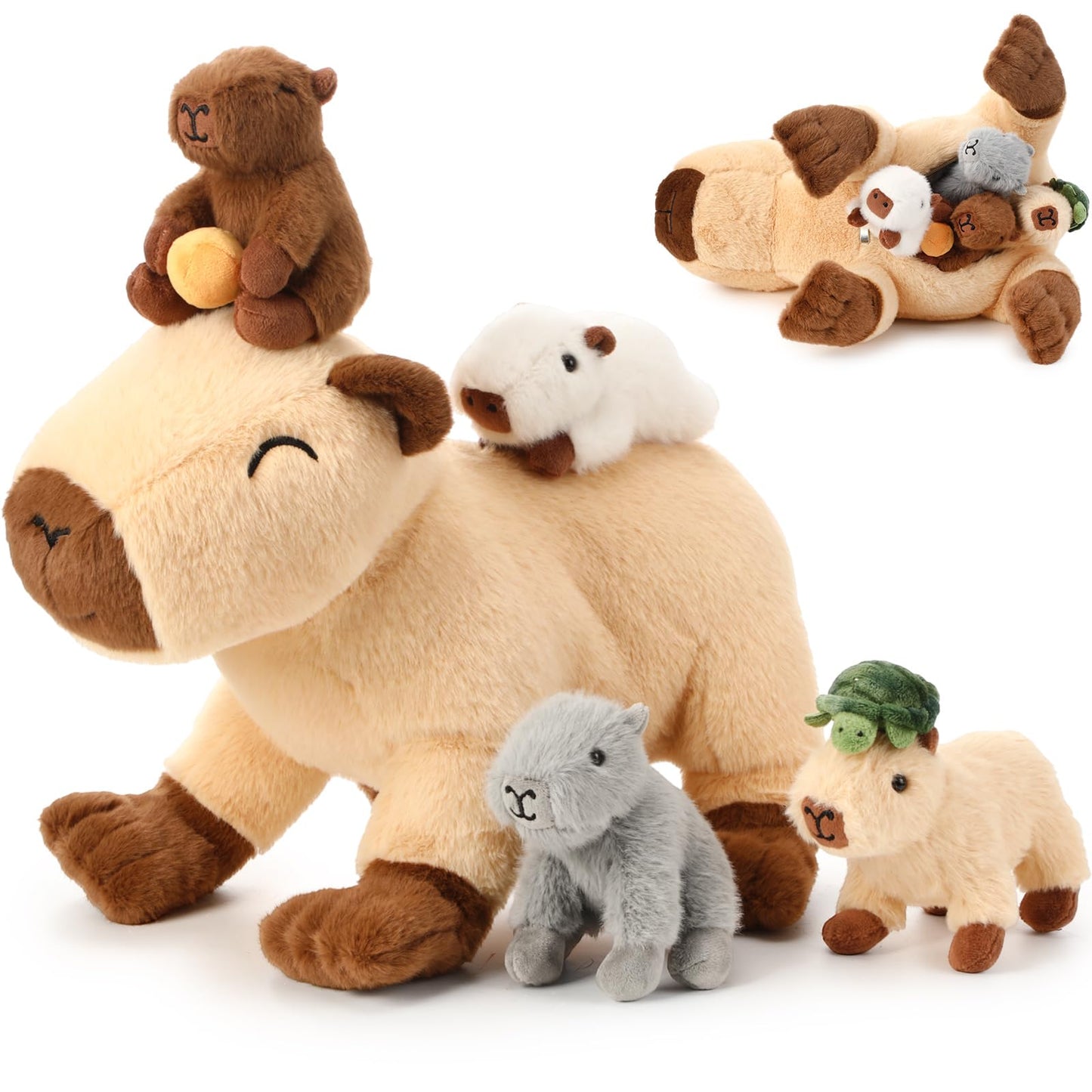 PullCrease 5-in-1 Capybara Plush Set – Mommy with 4 Babies, 15.75'' Standing Capybara Toy