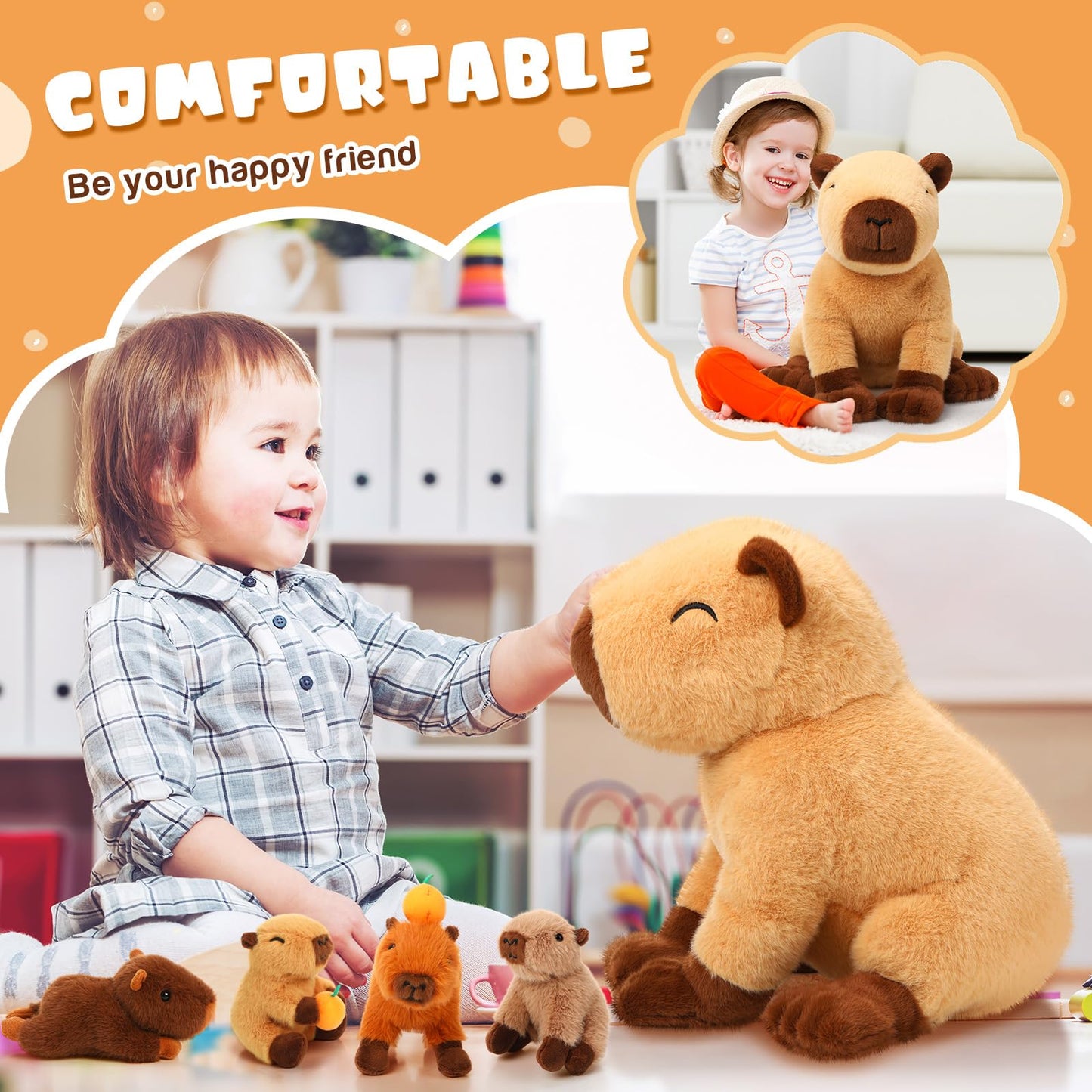 PullCrease 5-in-1 Capybara Plush Set: 15.75'' Mommy with 4 Babies