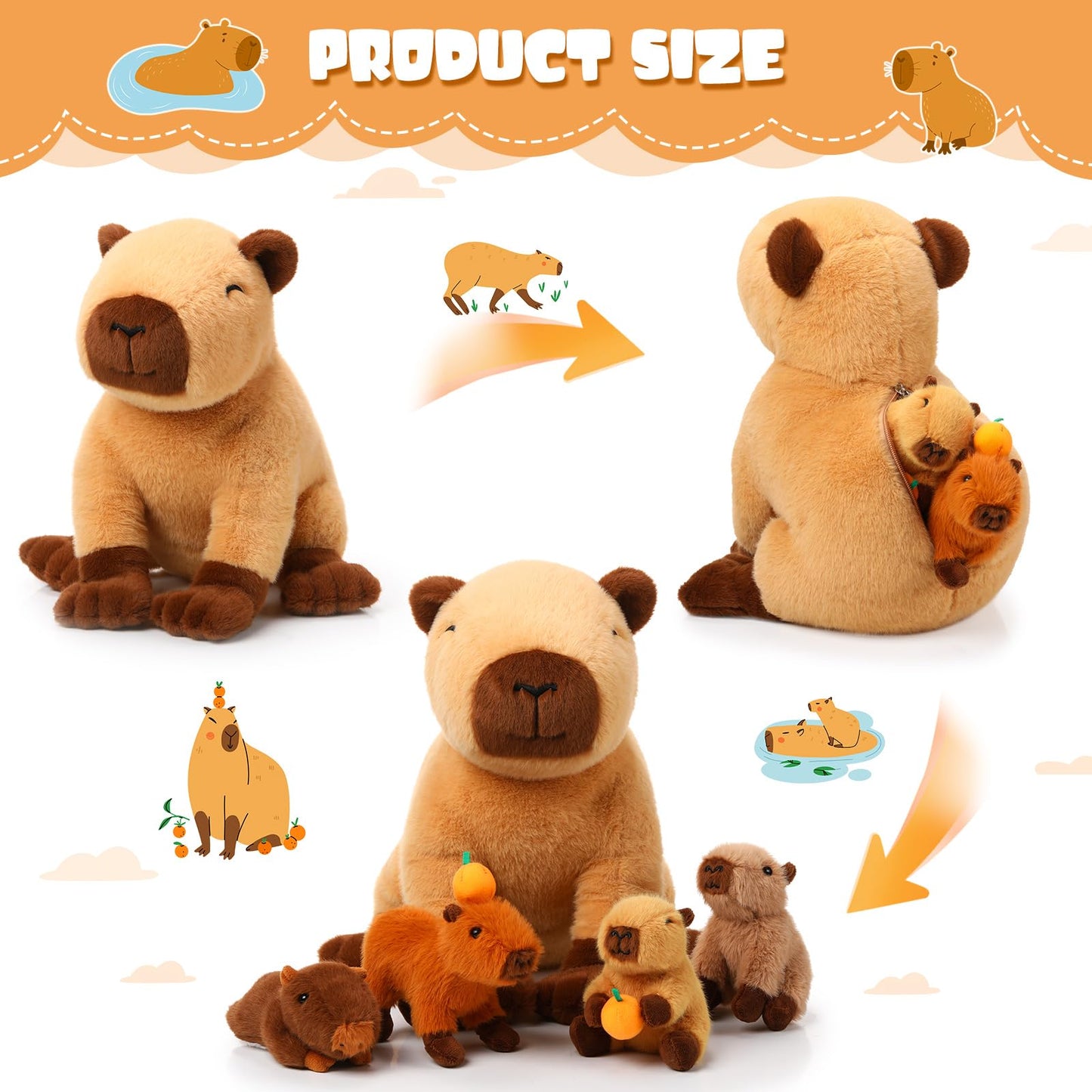 PullCrease 5-in-1 Capybara Plush Set: 15.75'' Mommy with 4 Babies
