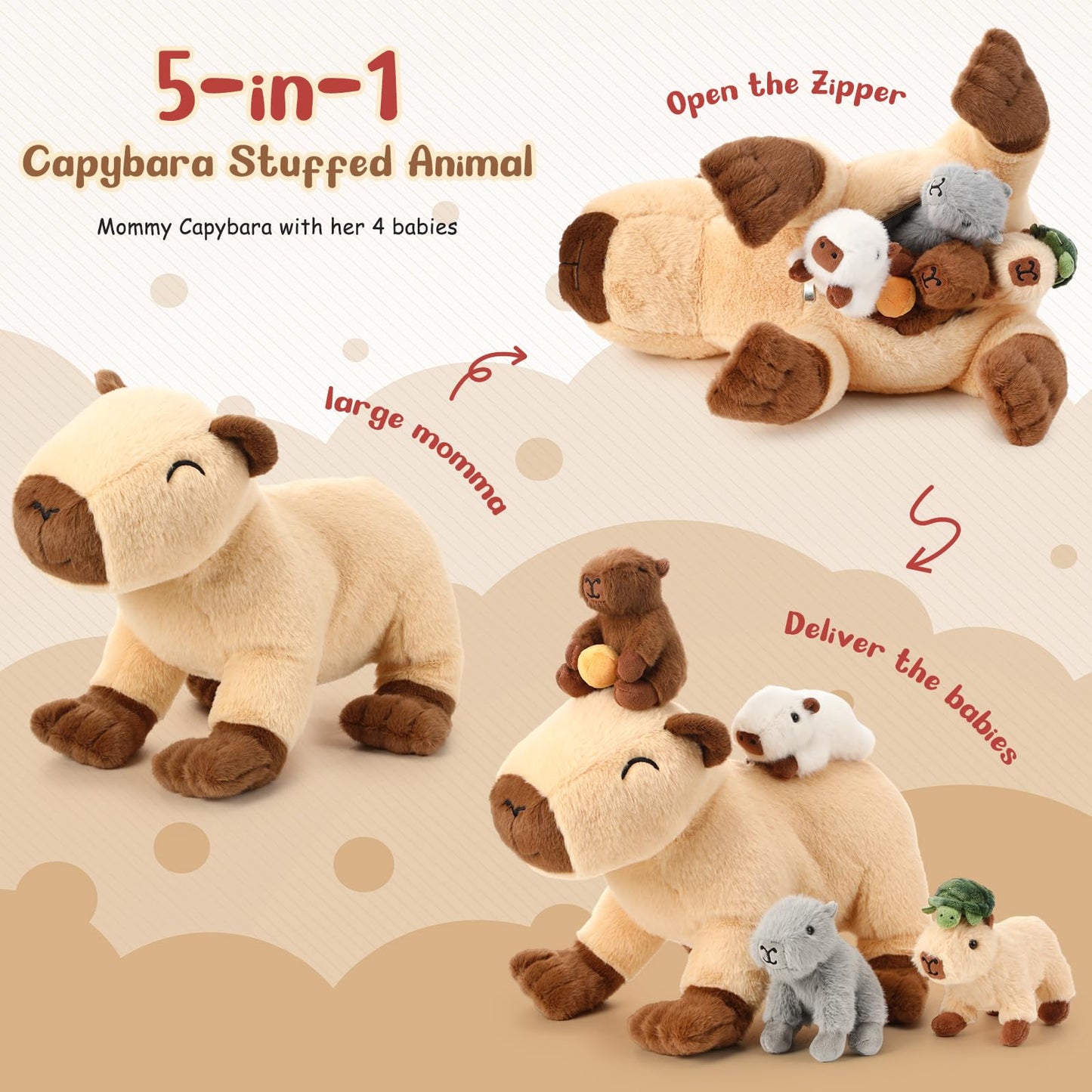 PullCrease 5-in-1 Capybara Plush Set – Mommy with 4 Babies, 15.75'' Standing Capybara Toy