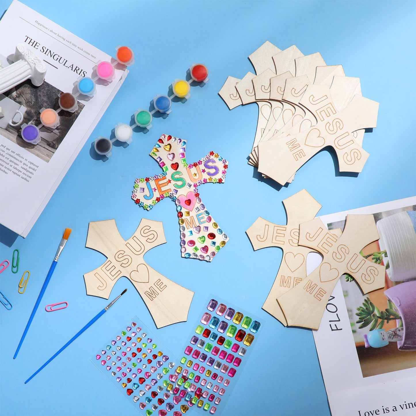 PullCrease 37 Pcs Christian Valentine Cross Craft Kit for Kids – Wooden Crosses, Paint & 12 Stickers