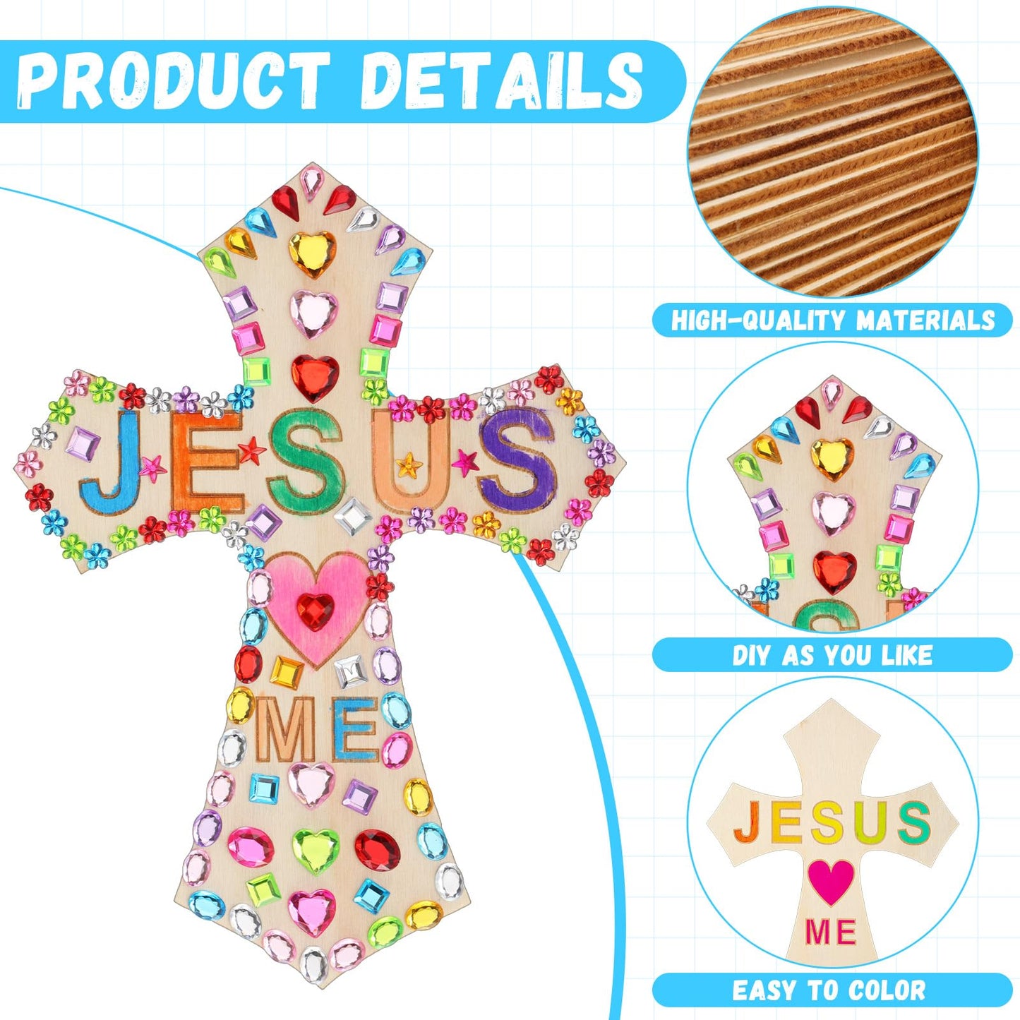 PullCrease 37 Pcs Christian Valentine Cross Craft Kit for Kids – Wooden Crosses, Paint & 12 Stickers