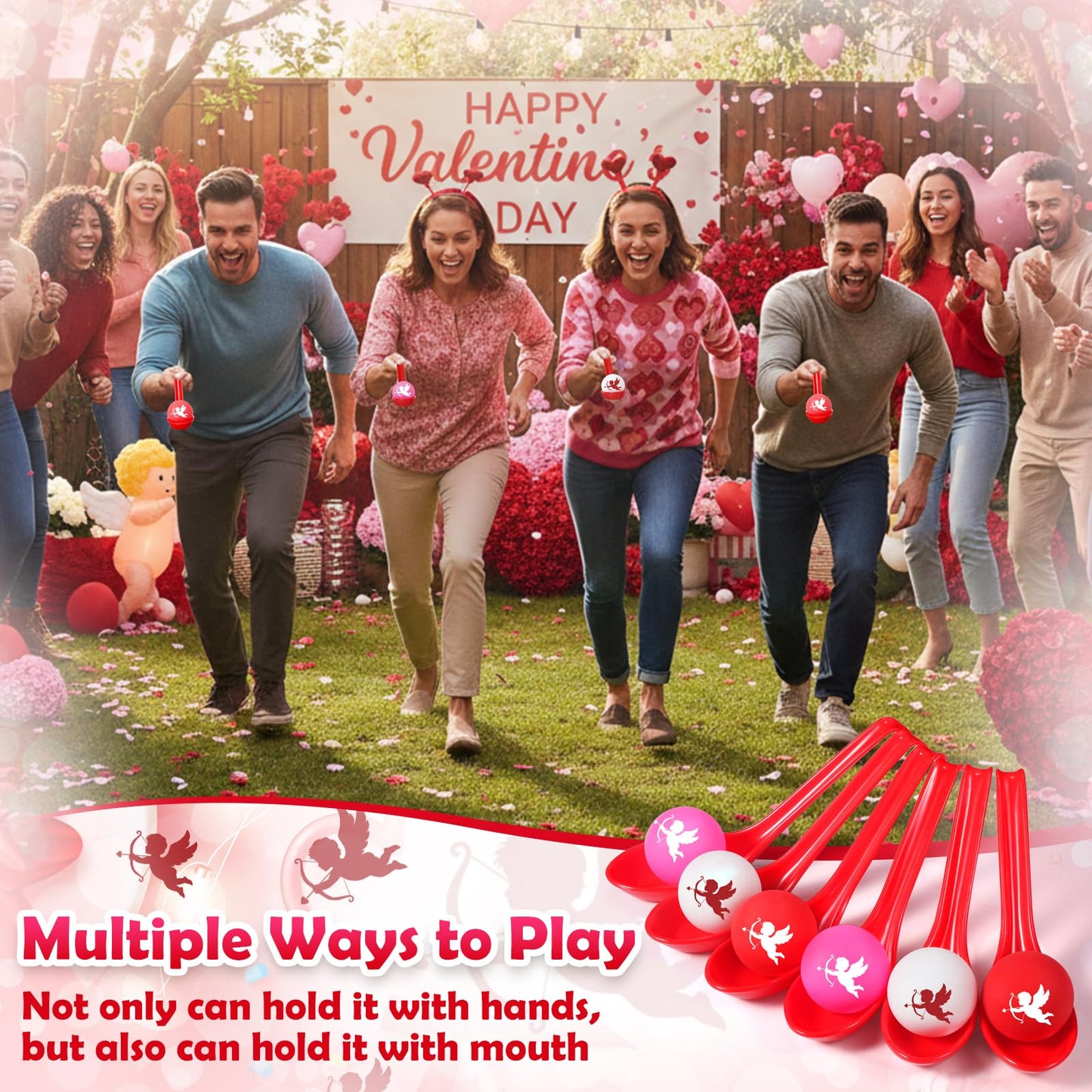 PullCrease Valentine's Day Spoon Relay Race Set – 24 Pack with Heart Balls
