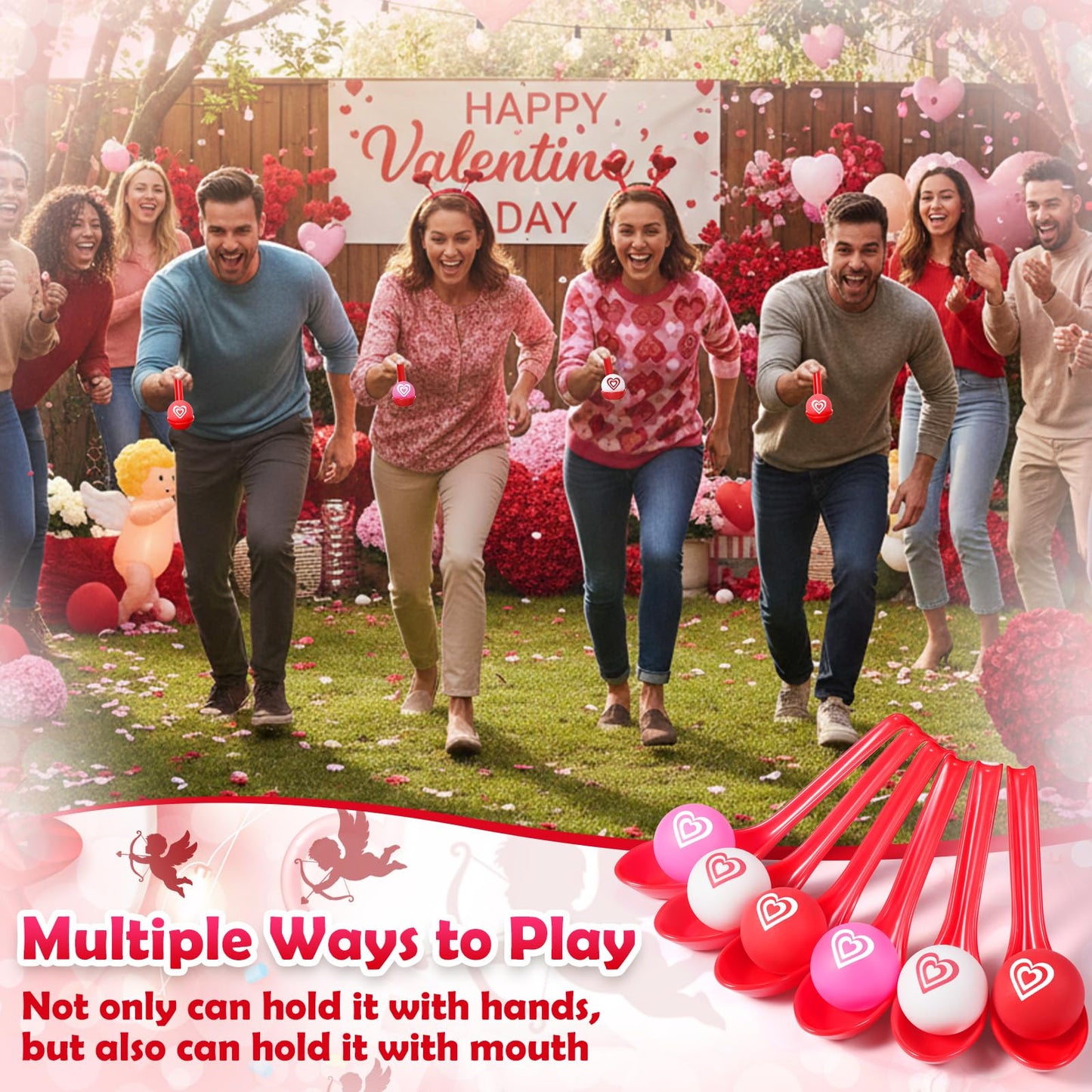 PullCrease Valentine Spoon Relay Race Set – 24 Spoons & 24 Heart Balls for Indoor & Outdoor Fun