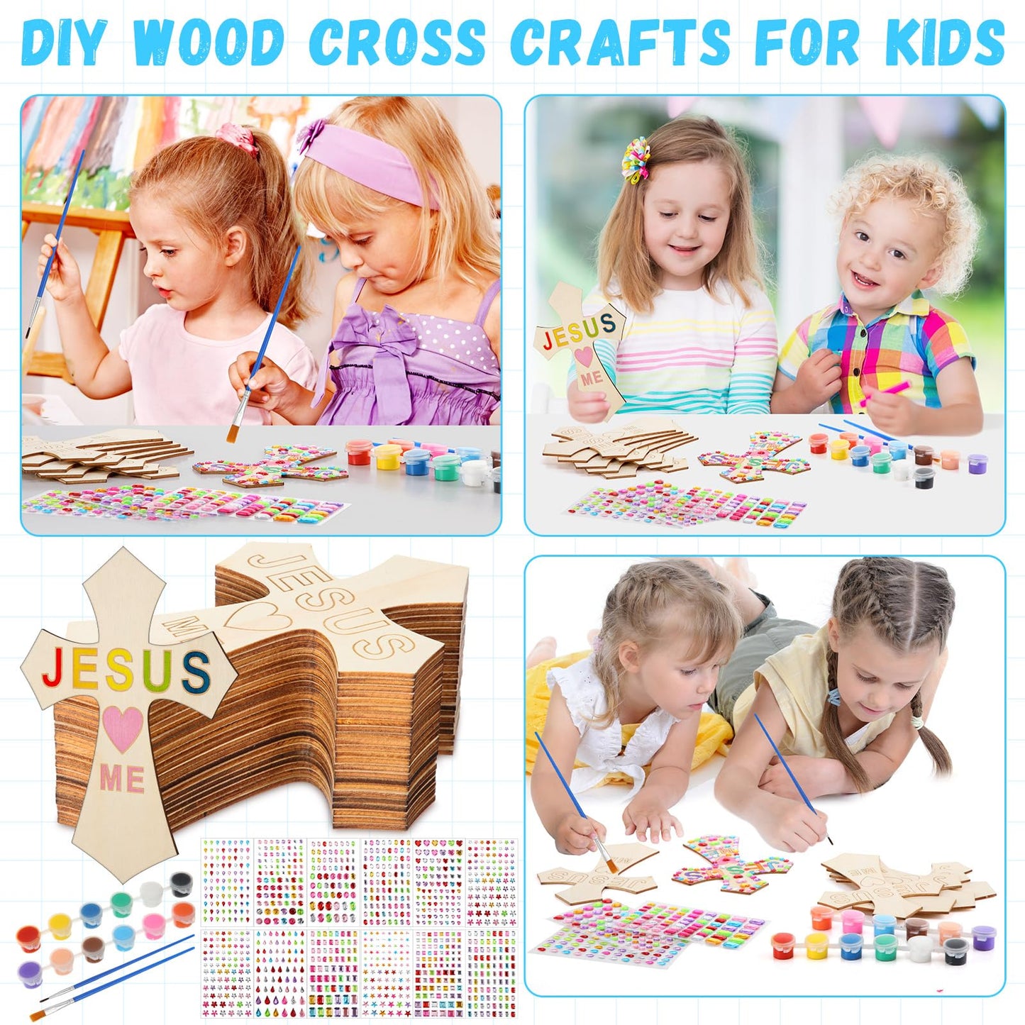 PullCrease 37 Pcs Christian Valentine Cross Craft Kit for Kids – Wooden Crosses, Paint & 12 Stickers