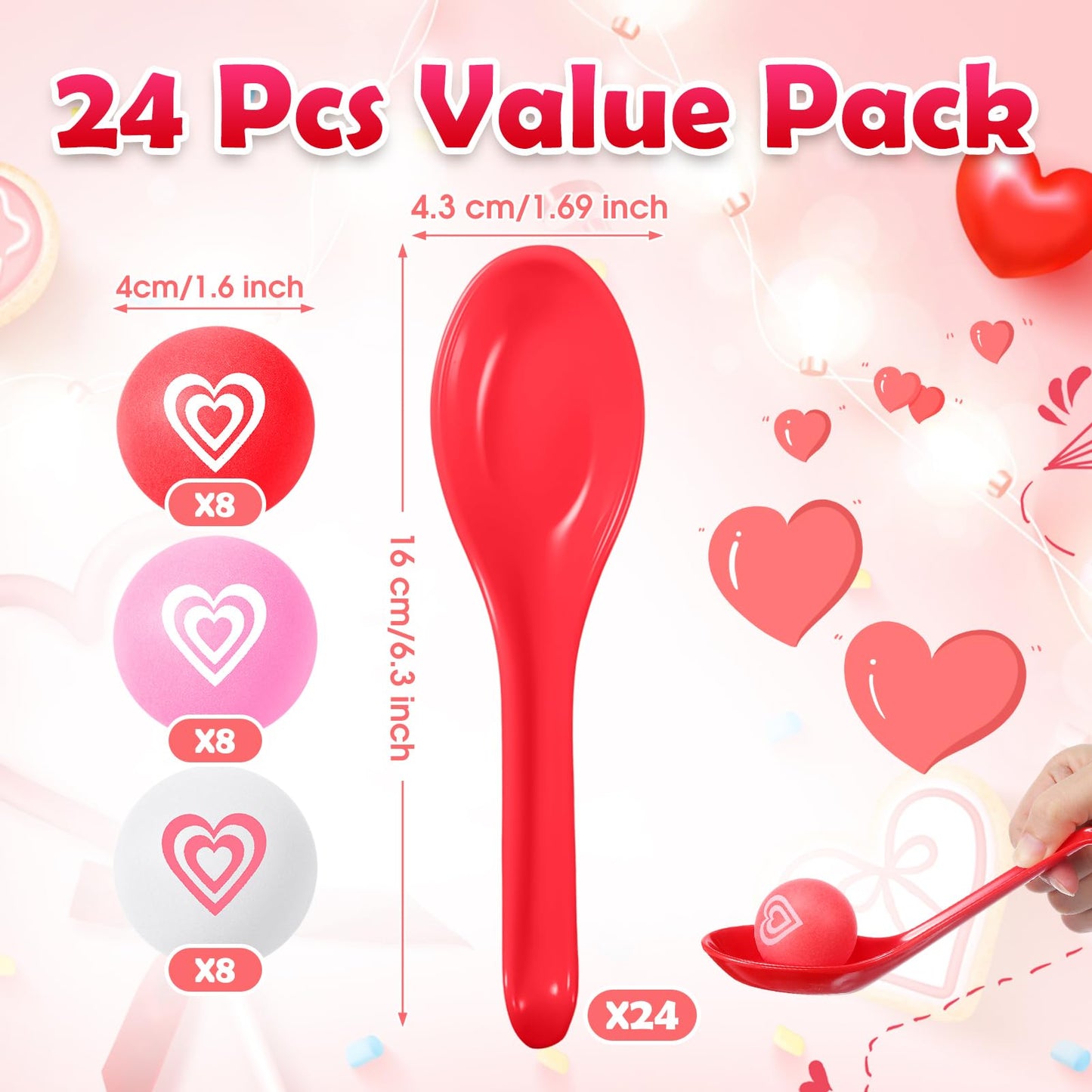 PullCrease Valentine Spoon Relay Race Set – 24 Spoons & 24 Heart Balls for Indoor & Outdoor Fun