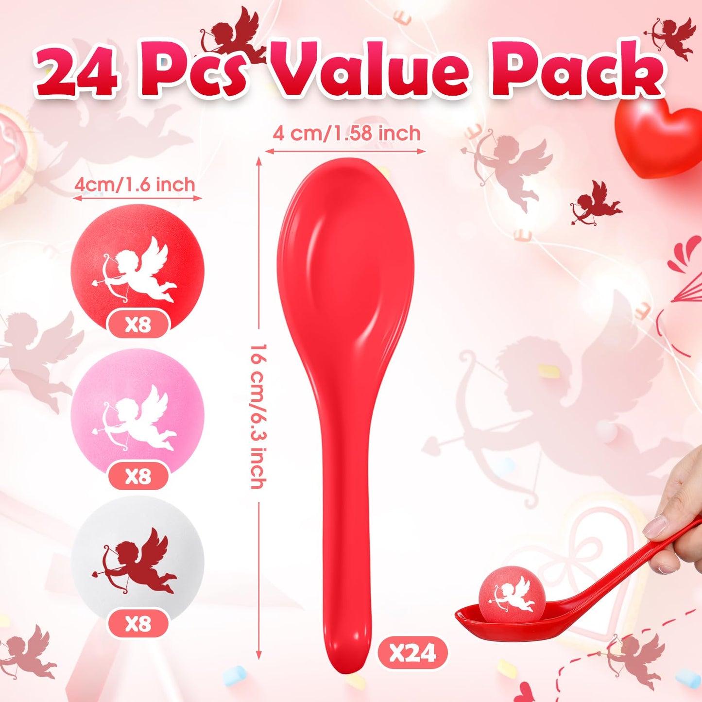 PullCrease Valentine's Day Spoon Relay Race Set – 24 Pack with Heart Balls