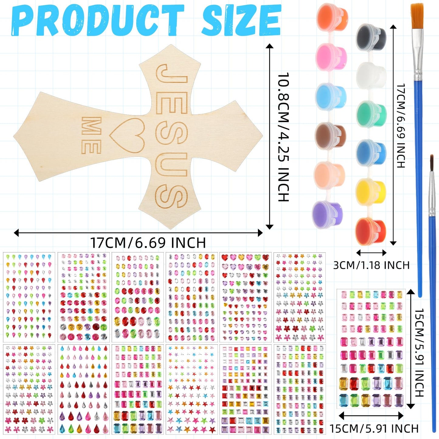 PullCrease 37 Pcs Christian Valentine Cross Craft Kit for Kids – Wooden Crosses, Paint & 12 Stickers
