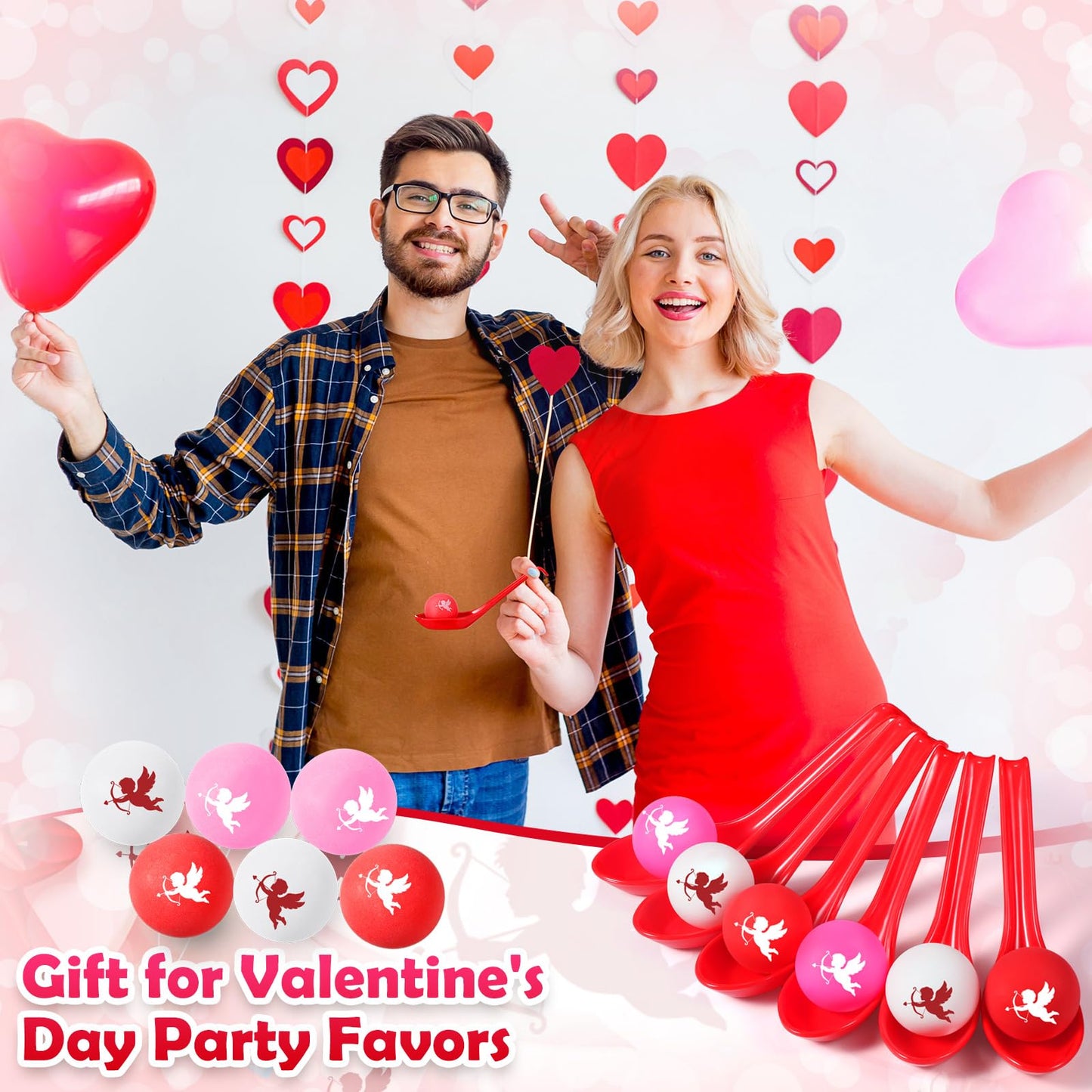 PullCrease Valentine's Day Spoon Relay Race Set – 24 Pack with Heart Balls