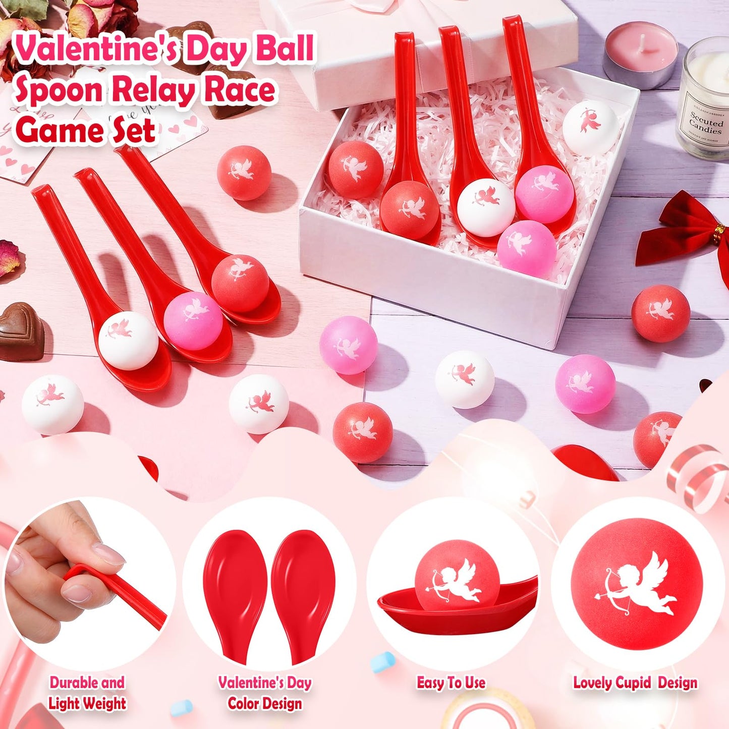PullCrease Valentine's Day Spoon Relay Race Set – 24 Pack with Heart Balls