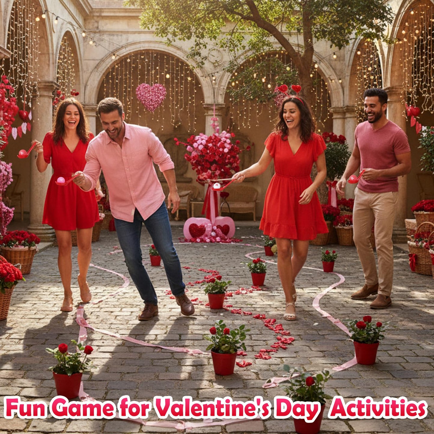 PullCrease Valentine's Day Spoon Relay Race Set – 24 Pack with Heart Balls