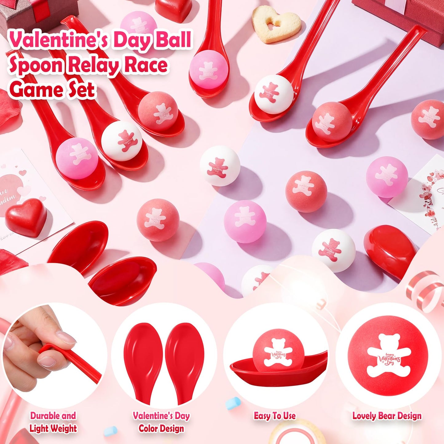 PullCrease 24 Pack Valentine’s Day Spoon Relay Race Toy Set – Heart Ball & Spoon Game for Indoor & Outdoor Fun (Red, Bear)