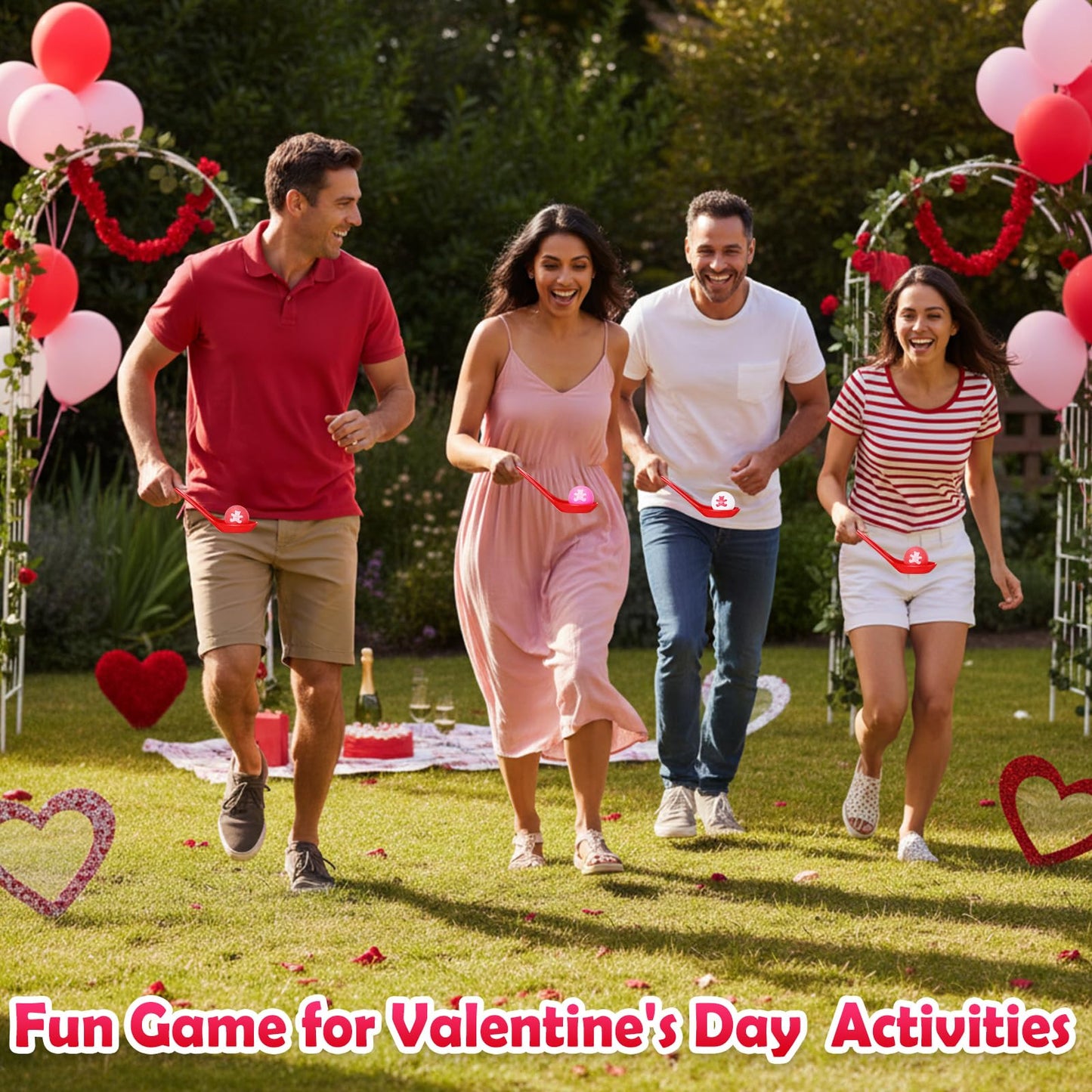PullCrease 24 Pack Valentine’s Day Spoon Relay Race Toy Set – Heart Ball & Spoon Game for Indoor & Outdoor Fun (Red, Bear)