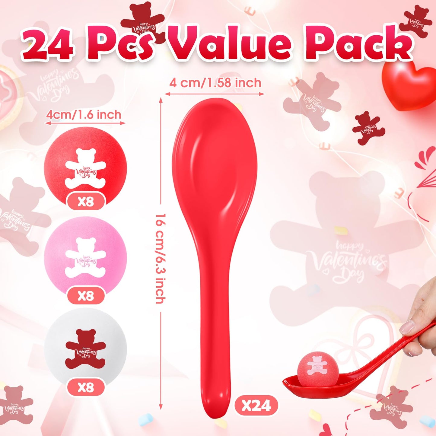 PullCrease 24 Pack Valentine’s Day Spoon Relay Race Toy Set – Heart Ball & Spoon Game for Indoor & Outdoor Fun (Red, Bear)