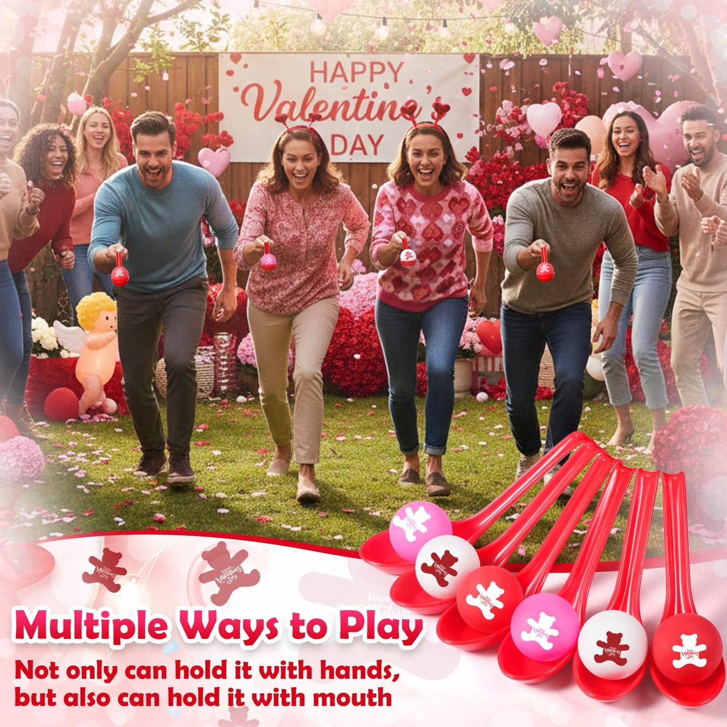 PullCrease 24 Pack Valentine’s Day Spoon Relay Race Toy Set – Heart Ball & Spoon Game for Indoor & Outdoor Fun (Red, Bear)