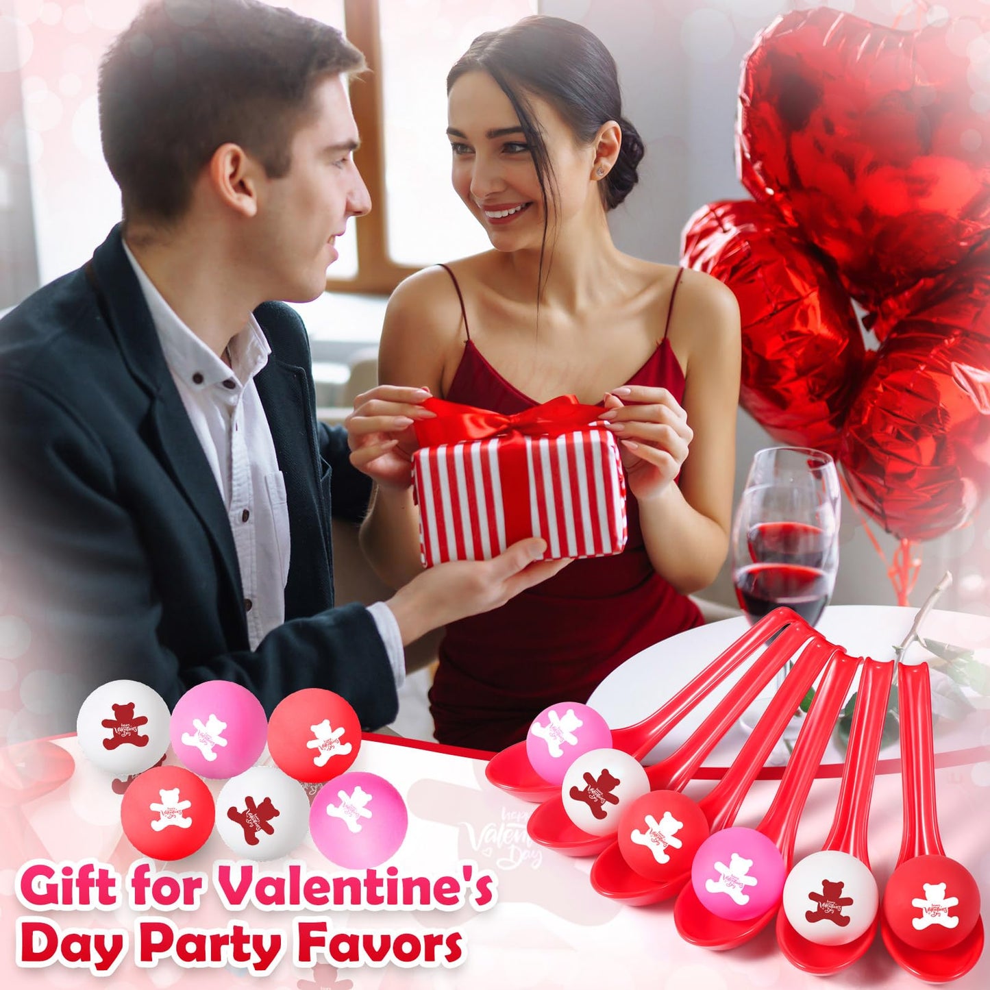 PullCrease 24 Pack Valentine’s Day Spoon Relay Race Toy Set – Heart Ball & Spoon Game for Indoor & Outdoor Fun (Red, Bear)