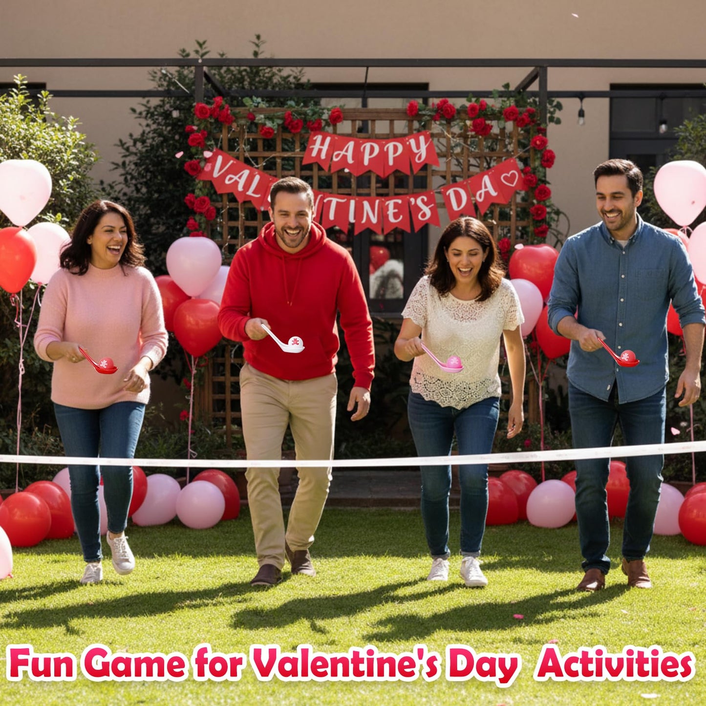PullCrease 24-Pack Valentine's Day Spoon Relay Race Toy Set – Heart Balls & Spoons for Indoor/Outdoor Parties (White, Pink, Red, Bear)