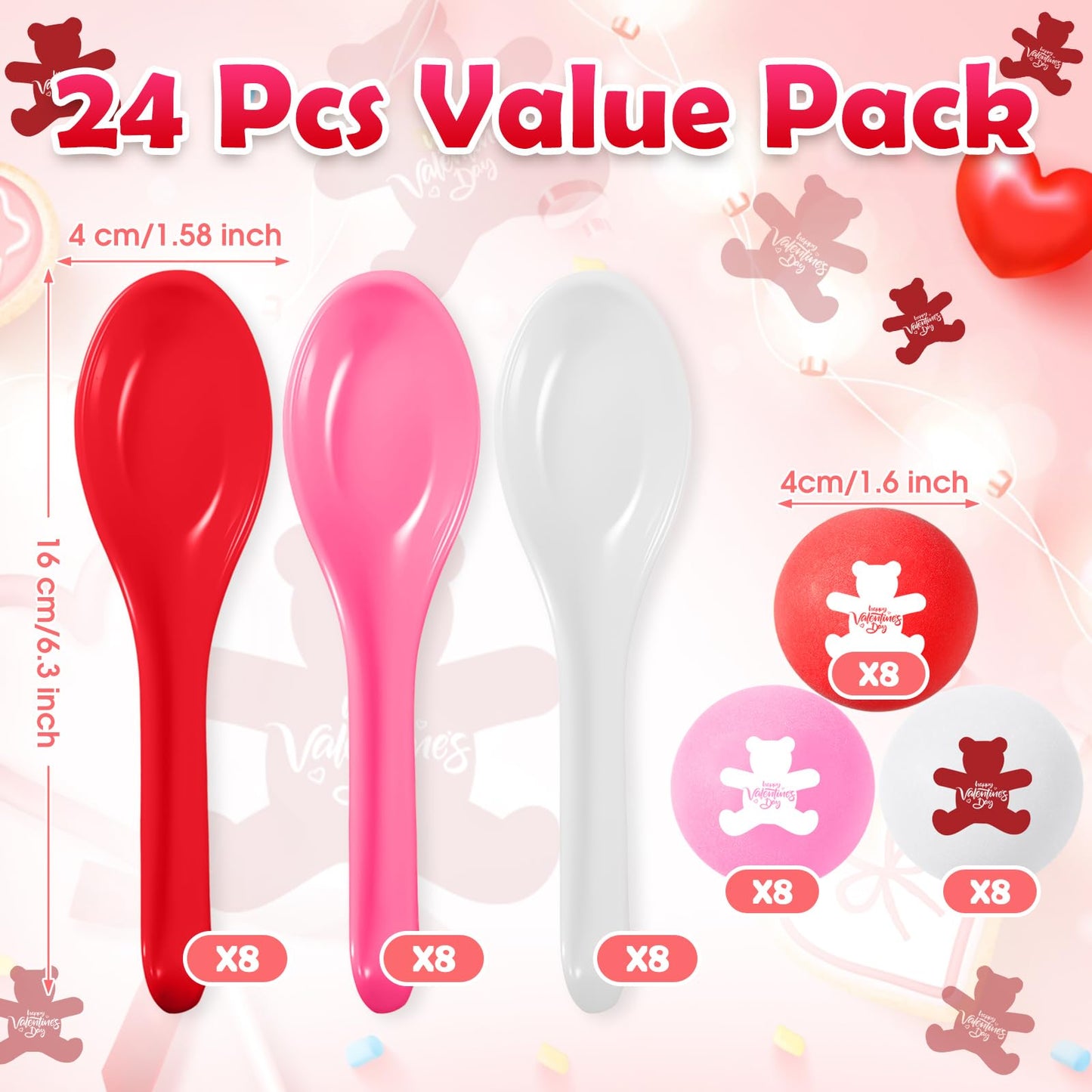 PullCrease 24-Pack Valentine's Day Spoon Relay Race Toy Set – Heart Balls & Spoons for Indoor/Outdoor Parties (White, Pink, Red, Bear)