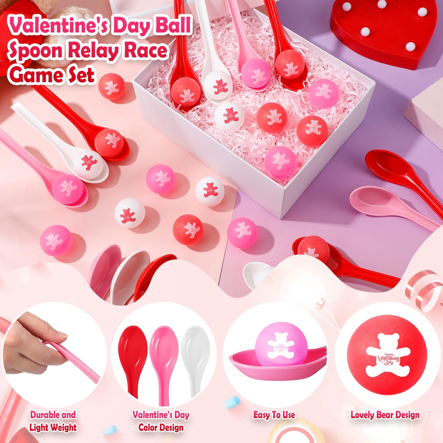 PullCrease 24-Pack Valentine's Day Spoon Relay Race Toy Set – Heart Balls & Spoons for Indoor/Outdoor Parties (White, Pink, Red, Bear)
