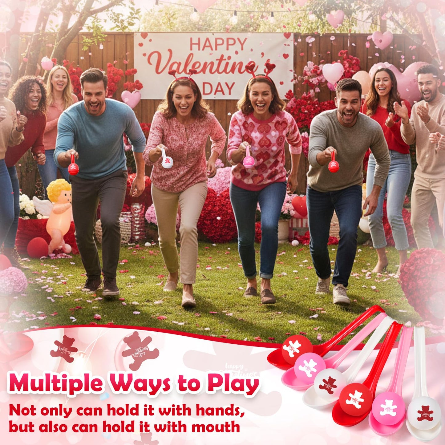 PullCrease 24-Pack Valentine's Day Spoon Relay Race Toy Set – Heart Balls & Spoons for Indoor/Outdoor Parties (White, Pink, Red, Bear)