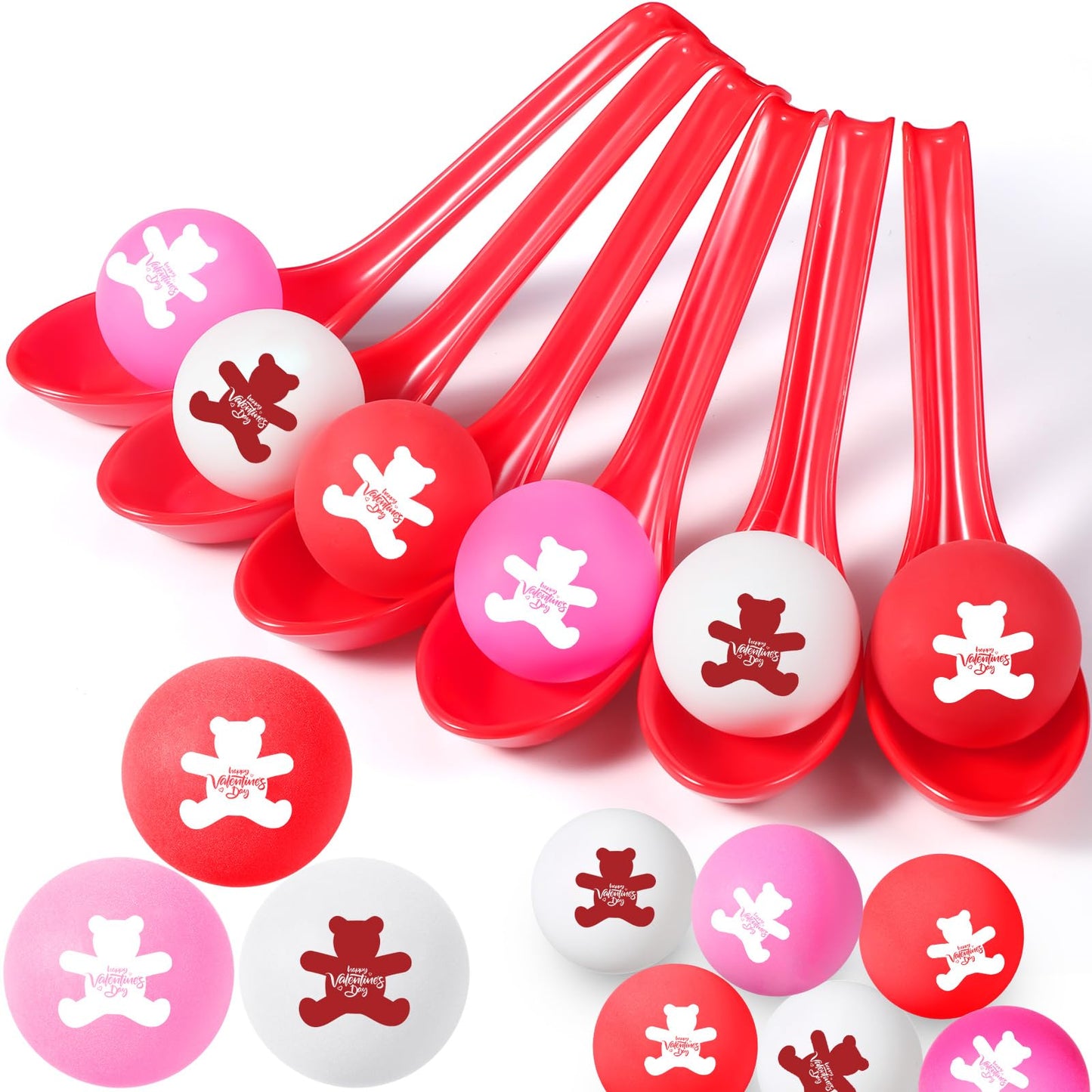 PullCrease 24 Pack Valentine’s Day Spoon Relay Race Toy Set – Heart Ball & Spoon Game for Indoor & Outdoor Fun (Red, Bear)
