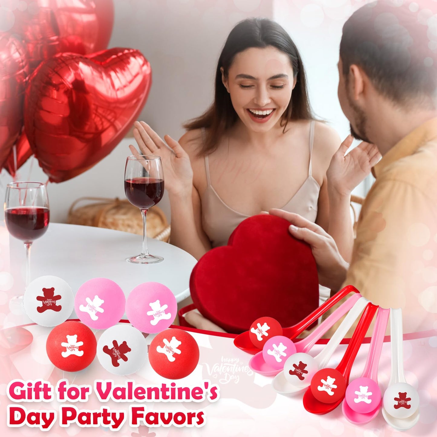 PullCrease 24-Pack Valentine's Day Spoon Relay Race Toy Set – Heart Balls & Spoons for Indoor/Outdoor Parties (White, Pink, Red, Bear)