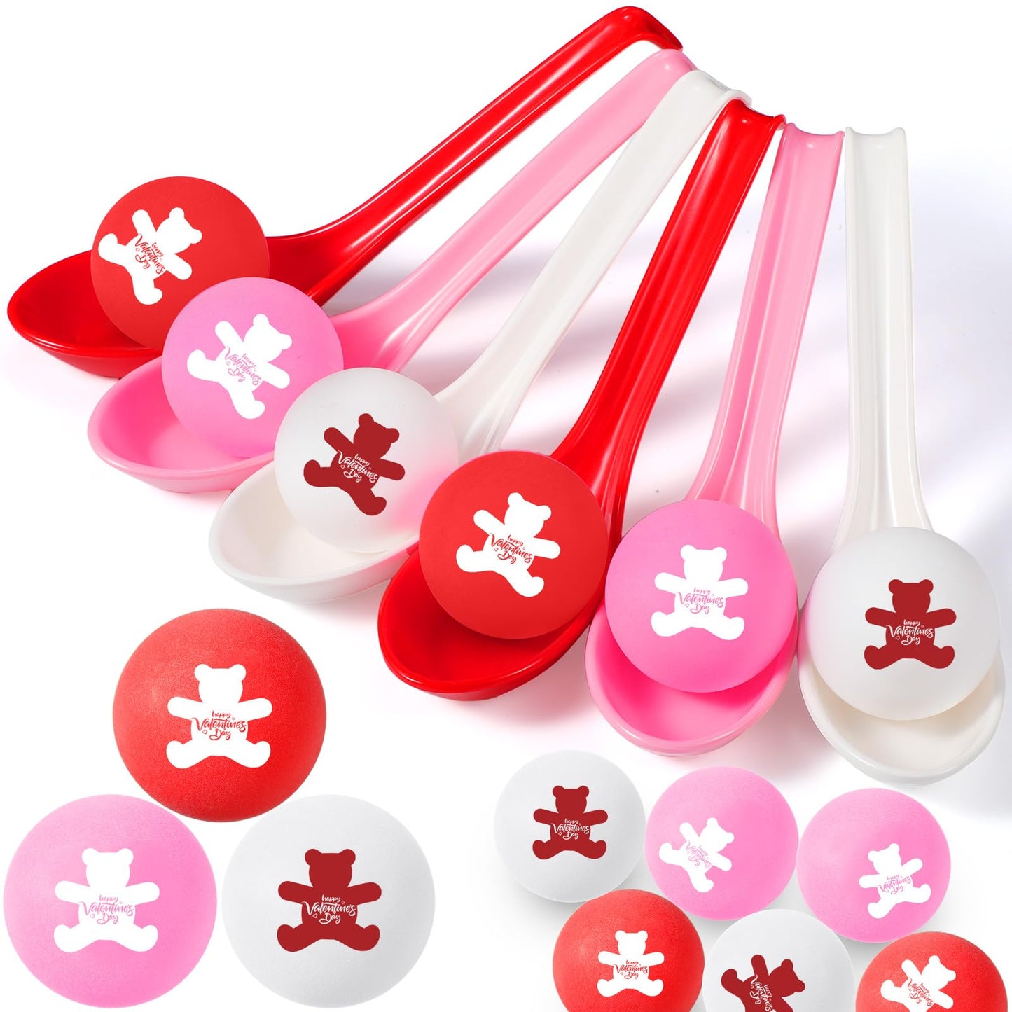 PullCrease 24-Pack Valentine's Day Spoon Relay Race Toy Set – Heart Balls & Spoons for Indoor/Outdoor Parties (White, Pink, Red, Bear)