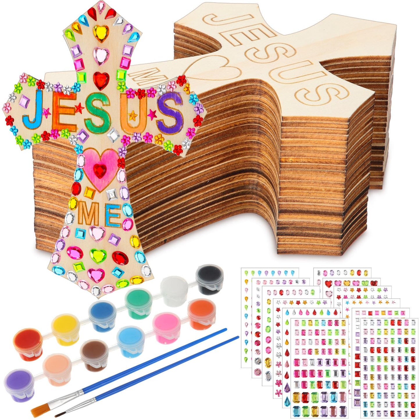 PullCrease 37 Pcs Christian Valentine Cross Craft Kit for Kids – Wooden Crosses, Paint & 12 Stickers