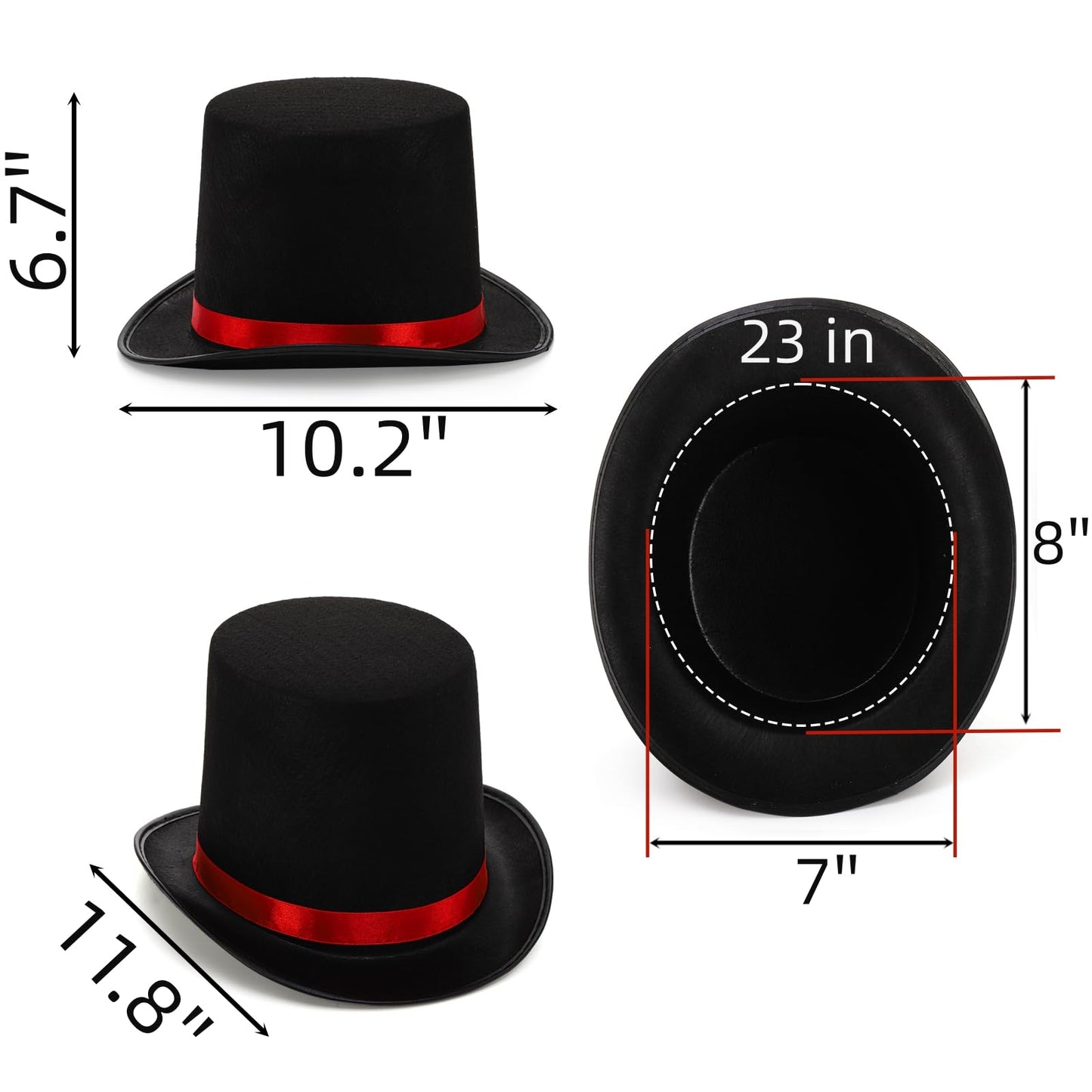 Pumtus 2 Pack Black Felt Top Hats with Red Satin Band - Retro Costume Hats for Cosplay, Halloween & Victorian Style
