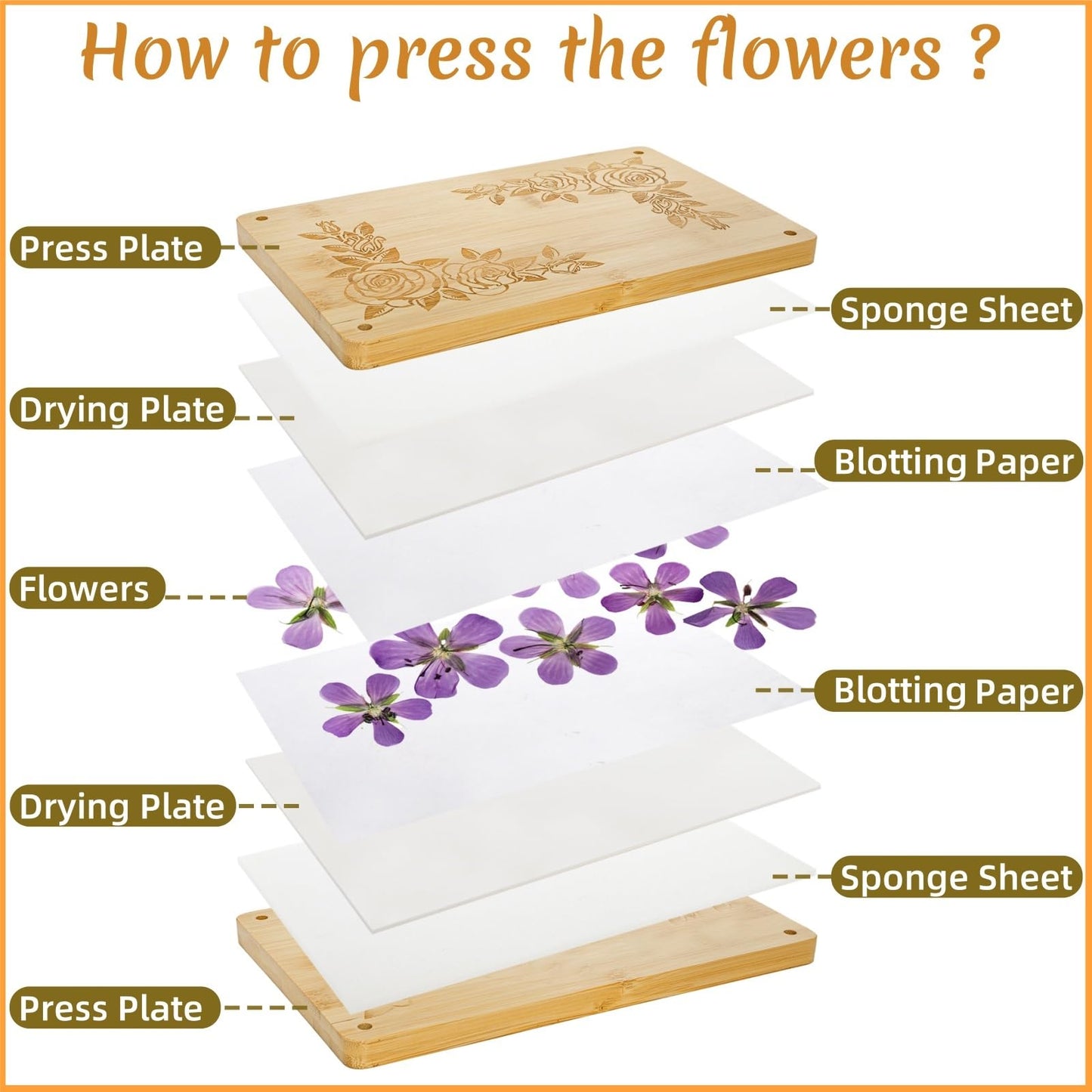 Pumtus Large Flower Press Kit — 11x7 in 6-Layer Bamboo Floral Press for DIY Pressed Flowers