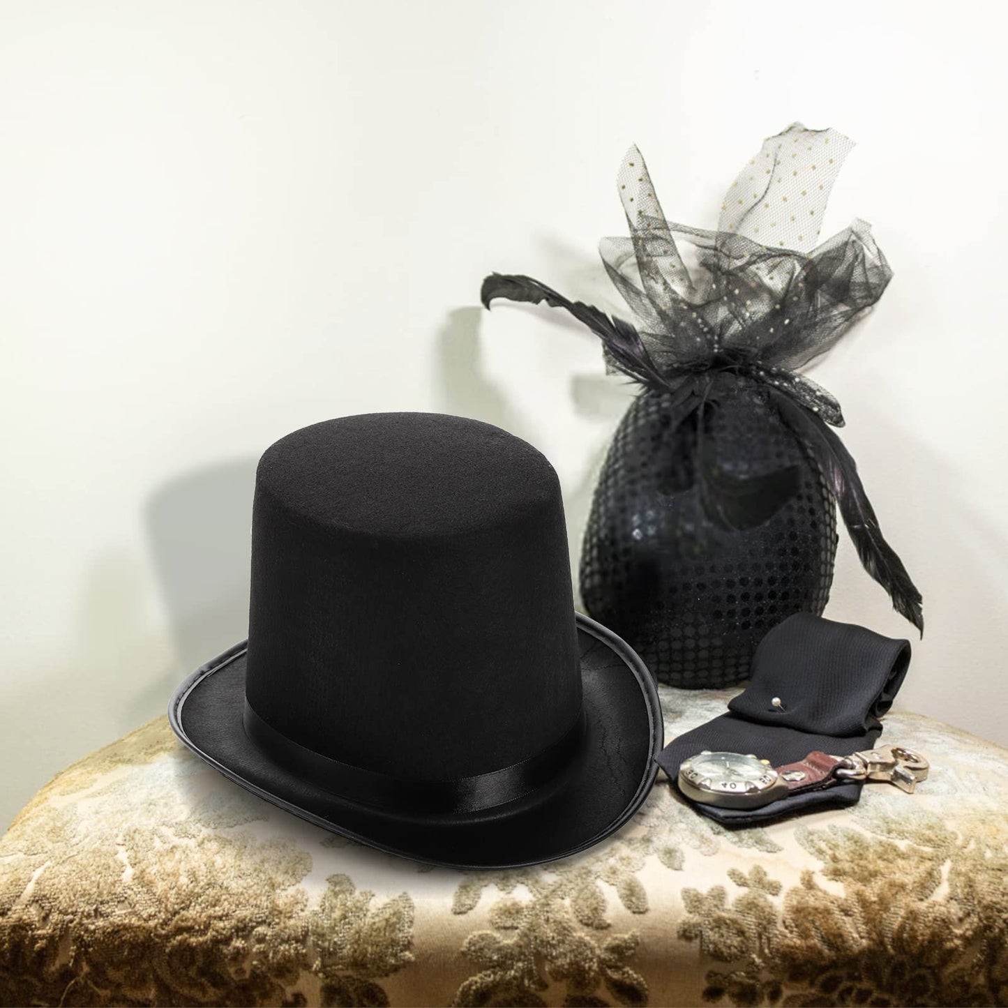 Pumtus 2-Pack Black Felt Top Hats – Victorian Stovepipe Hats for Cosplay & Halloween (Unisex)
