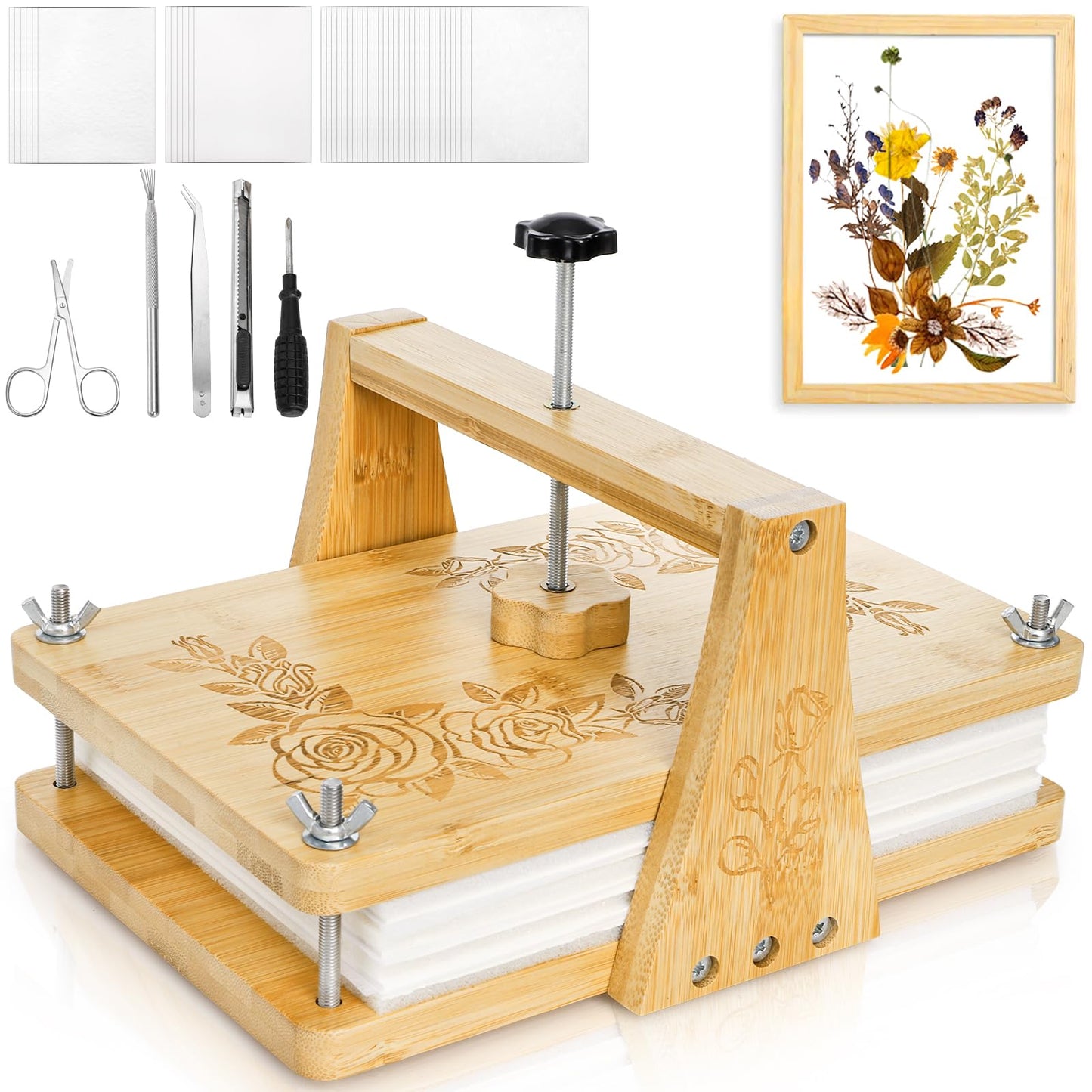 Pumtus Large Flower Press Kit — 11x7 in 6-Layer Bamboo Floral Press for DIY Pressed Flowers