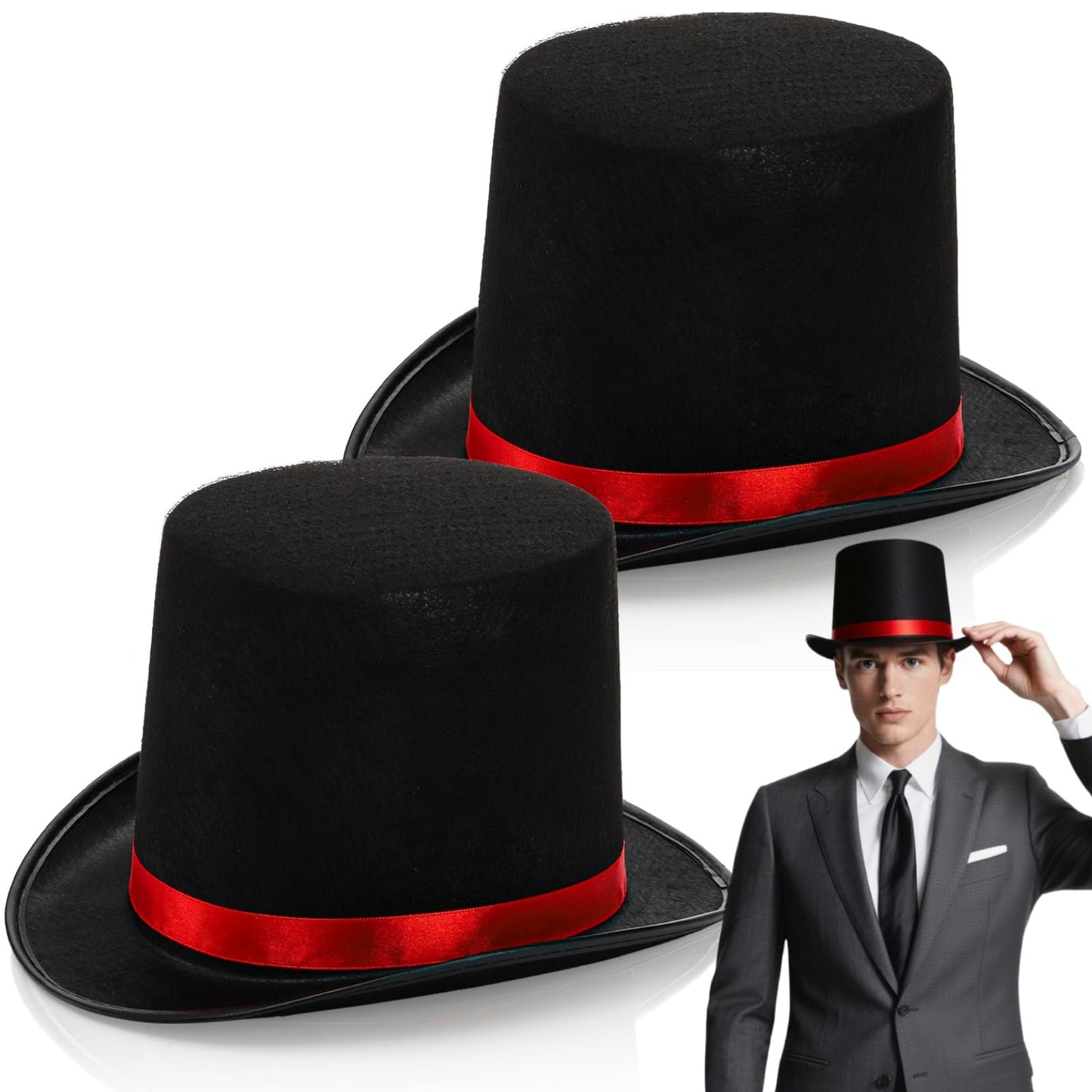 Pumtus 2 Pack Black Felt Top Hats with Red Satin Band - Retro Costume Hats for Cosplay, Halloween & Victorian Style