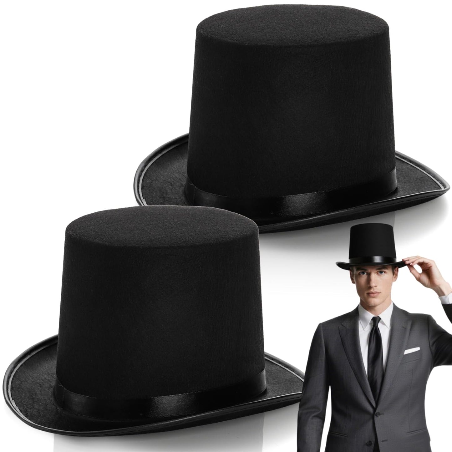 Pumtus 2-Pack Black Felt Top Hats – Victorian Stovepipe Hats for Cosplay & Halloween (Unisex)