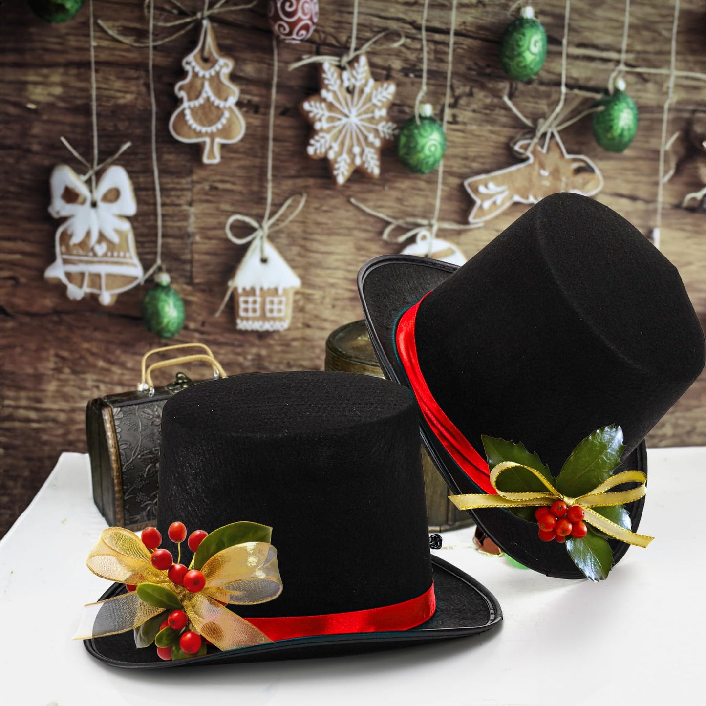 Pumtus 2 Pack Black Felt Top Hats with Red Satin Band - Retro Costume Hats for Cosplay, Halloween & Victorian Style