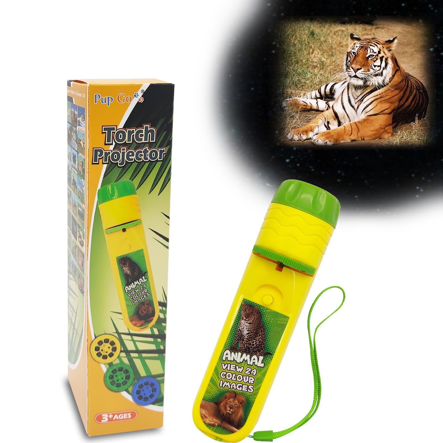 Pup Go Animal Projector Flashlight for Kids 3+, 24 Images on 3 Discs, Safari Animal Night Light & Learning Toy