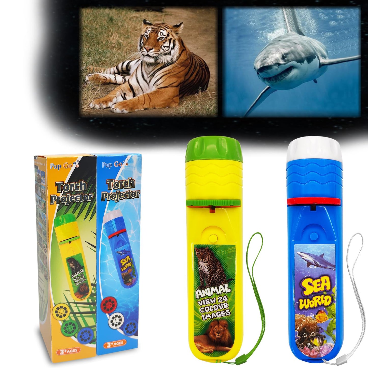 Pup Go 2-Pack Torch & Projector for Kids — Wild Animal & Sea World Themes, 48 Images, 3+