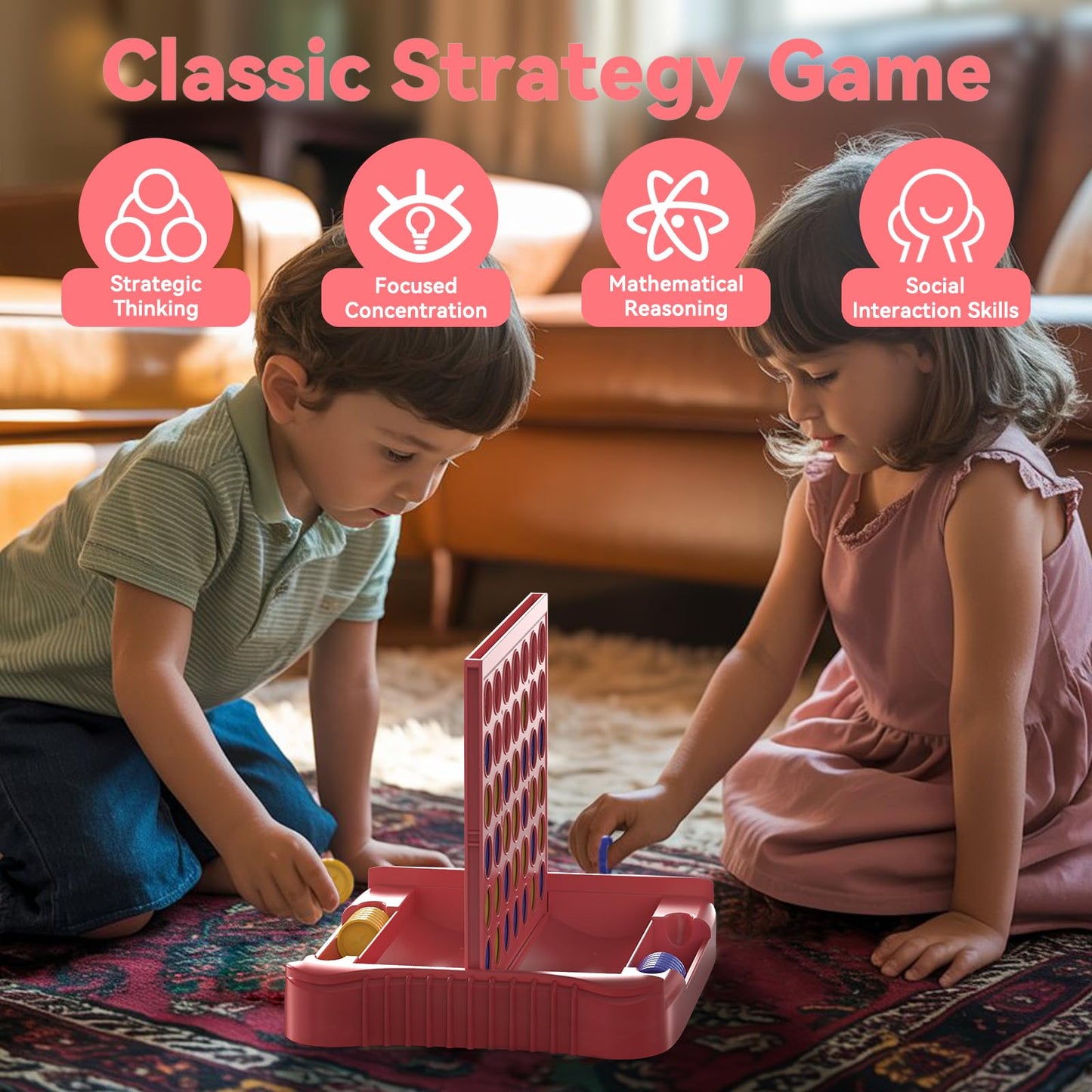 Pup Go 4 in a Row Game - Portable 2-Player Strategy Board (Pink)