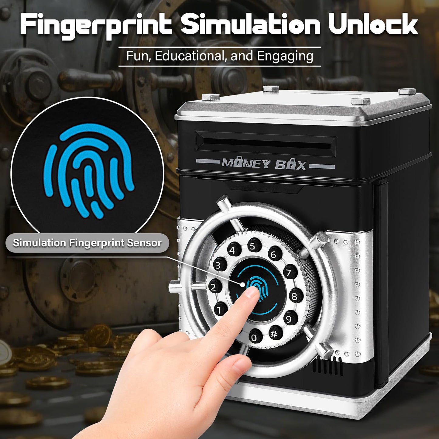 Pupidiu Piggy Bank for Kids with Rotating Wheel & Fingerprint Simulation | Electronic ATM Safe Money Box