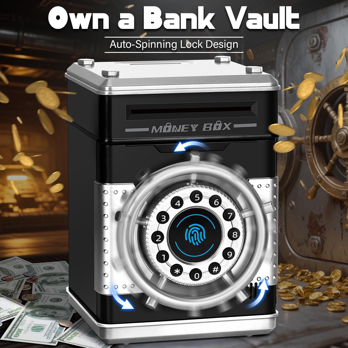Pupidiu Piggy Bank for Kids with Rotating Wheel & Fingerprint Simulation | Electronic ATM Safe Money Box