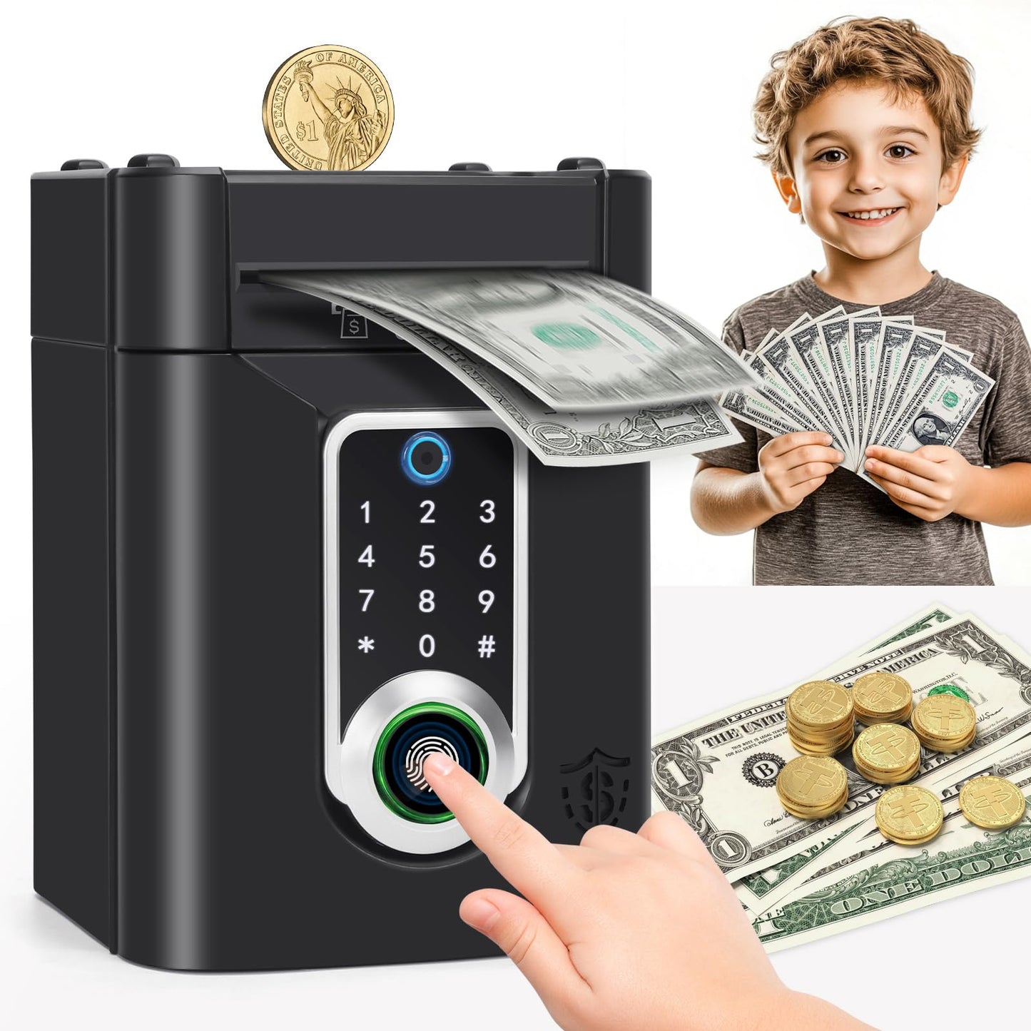 Pupidiu Fingerprint Piggy Bank for Kids | Touchscreen Money Box with 600-Coin Capacity