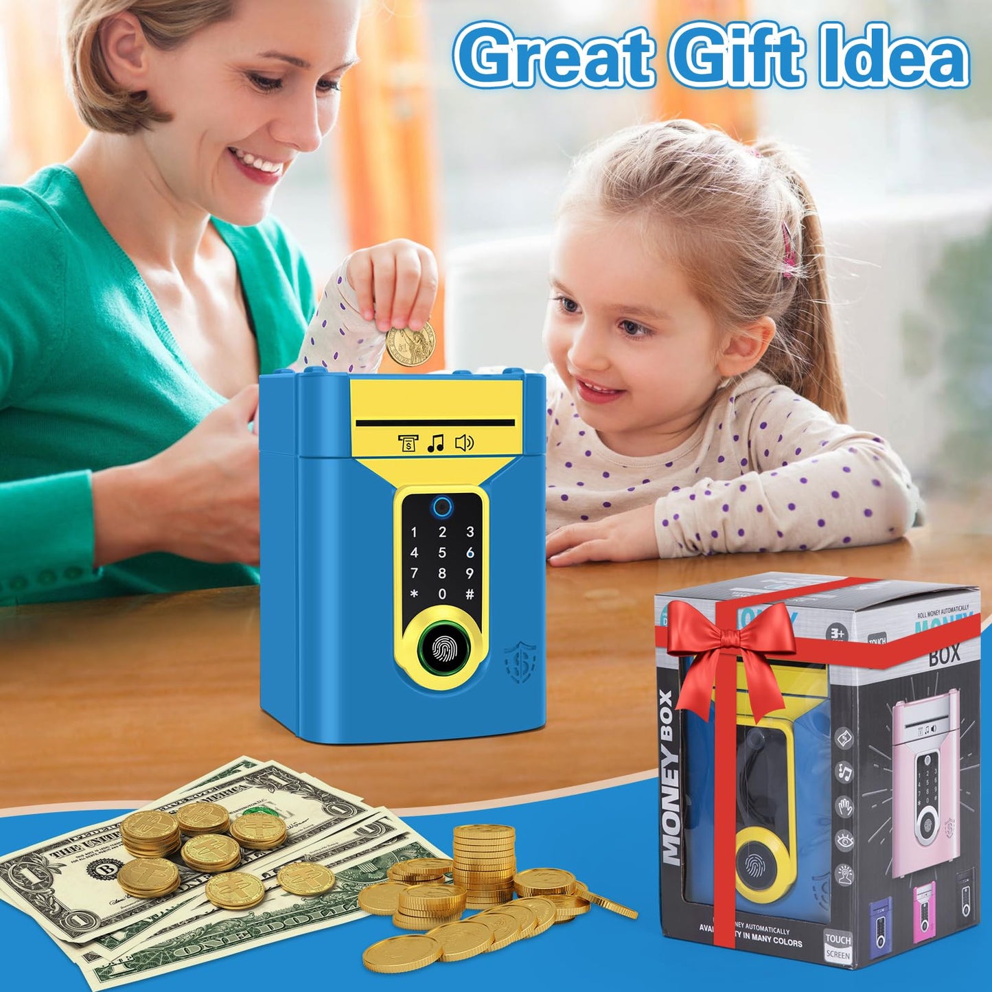Pupidiu Fingerprint Piggy Bank for Kids – Touchscreen Money Box with Password Lock (Ages 3-13)