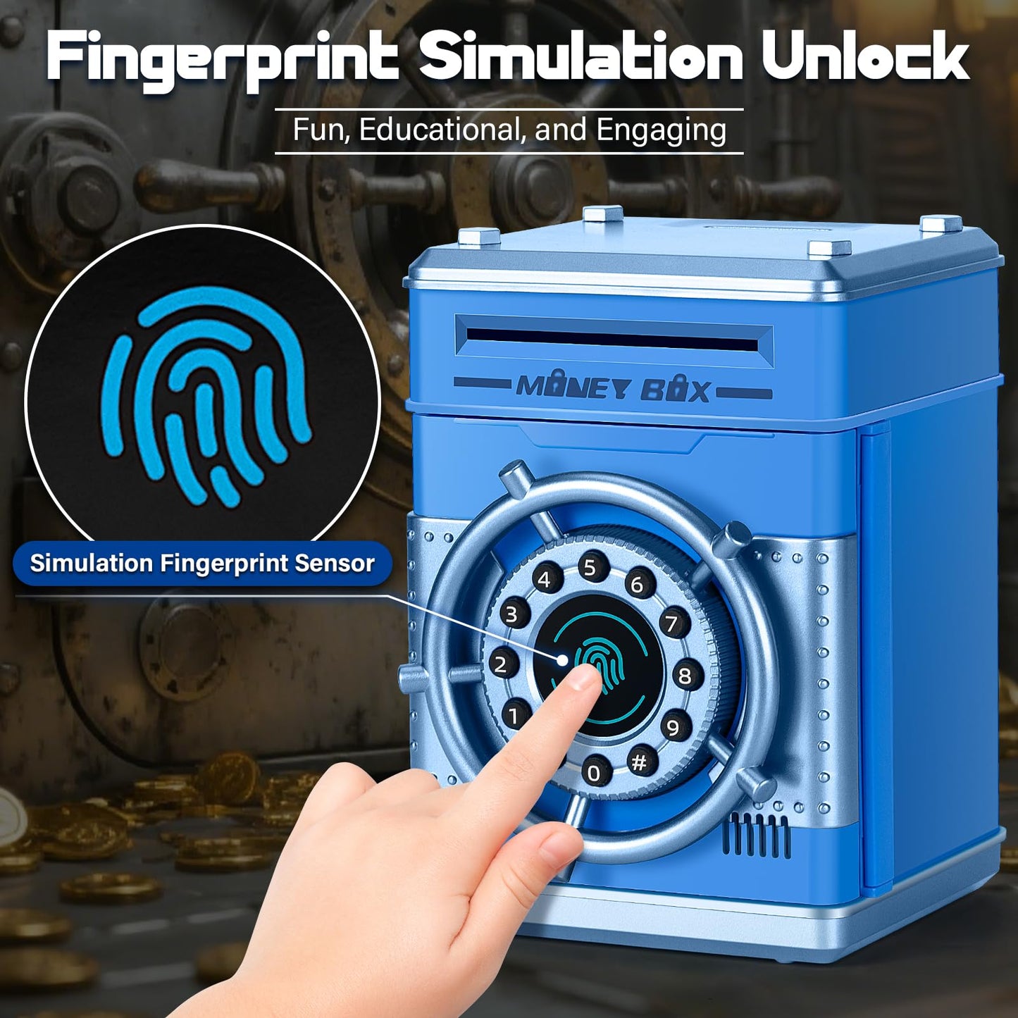 Pupidiu Piggy Bank for Kids – Fingerprint Lock, Rotating Wheel Money Box (Ages 3–12)