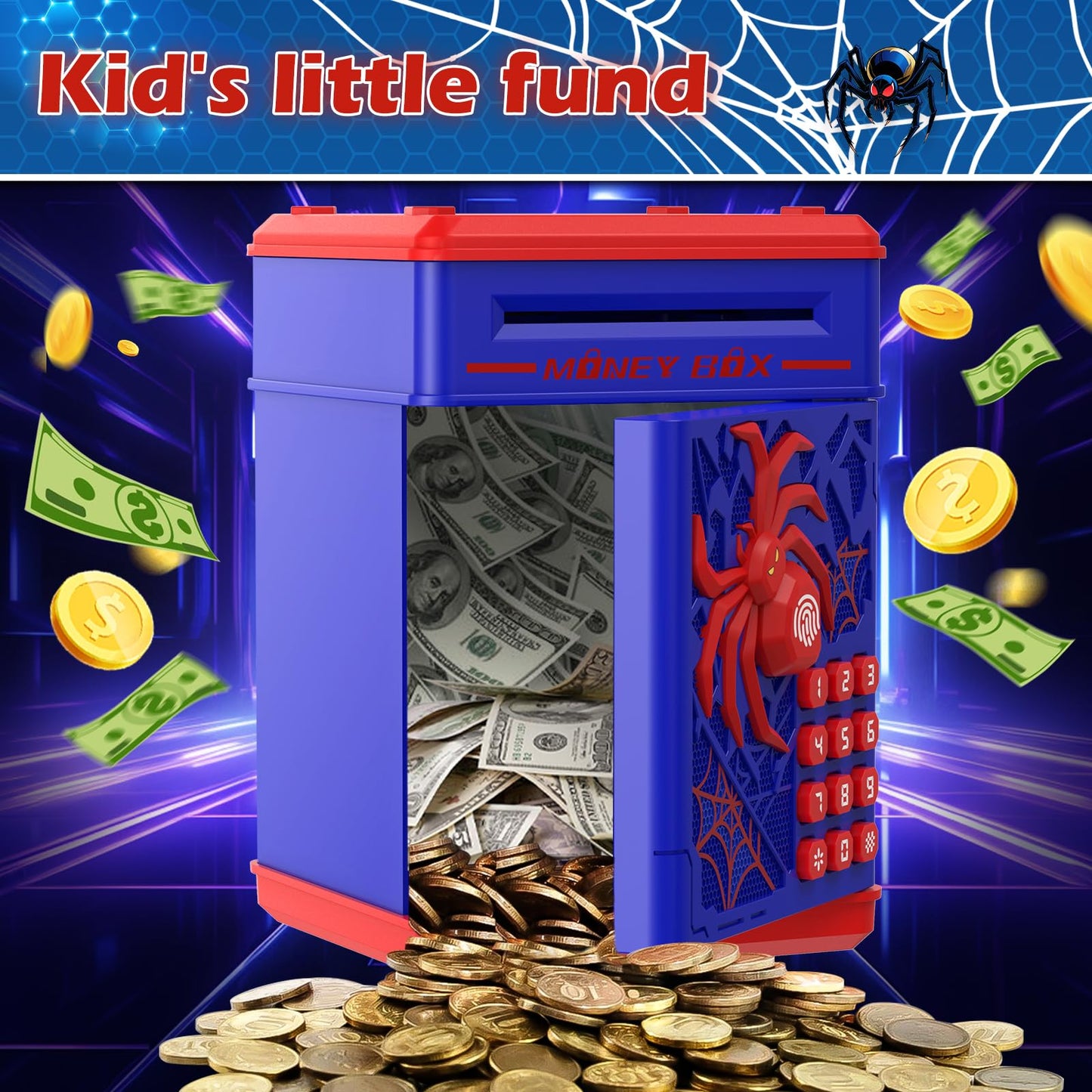 Pupidiu Spider Fingerprint Piggy Bank – Secure Kids Savings Box (Blue)
