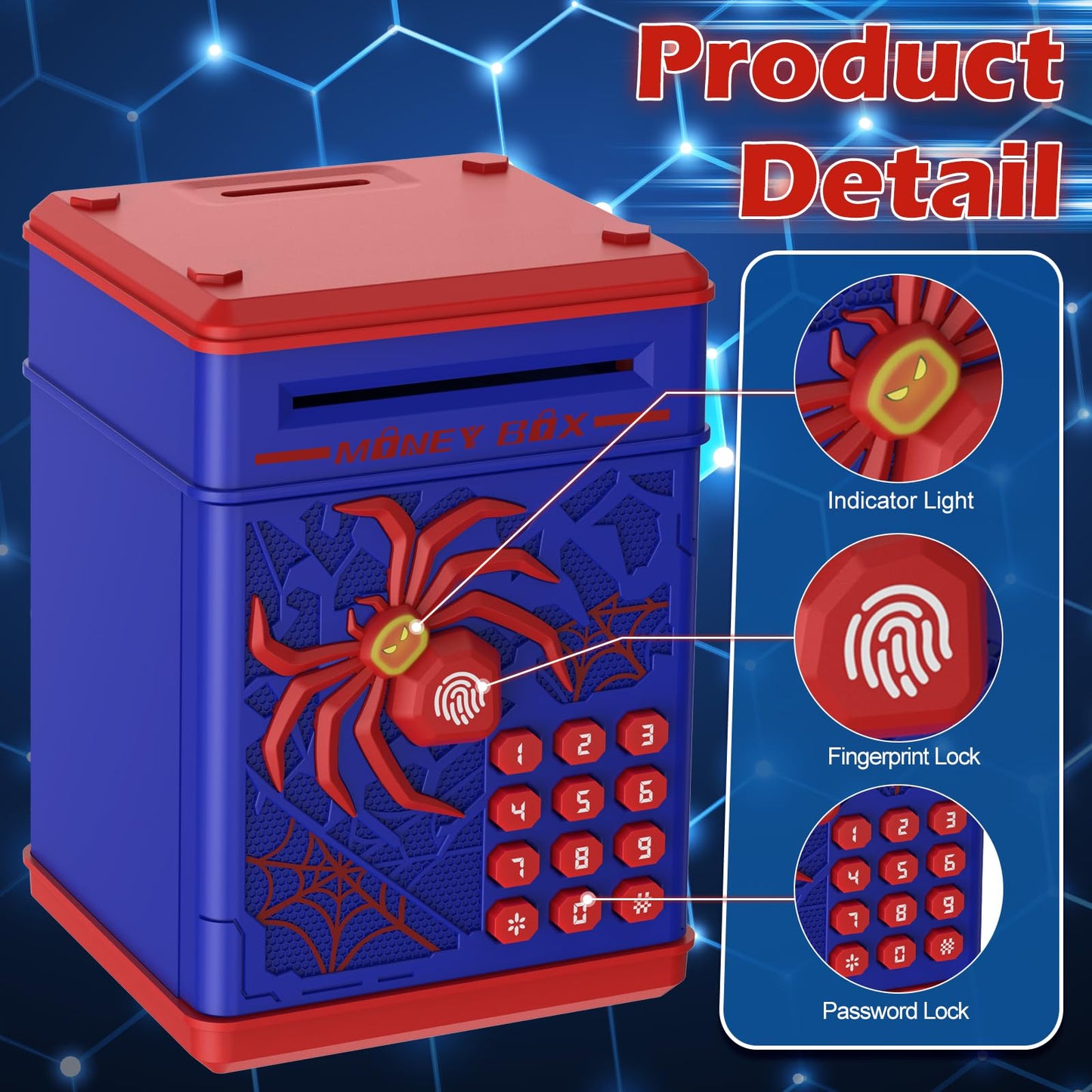 Pupidiu Spider Fingerprint Piggy Bank – Secure Kids Savings Box (Blue)