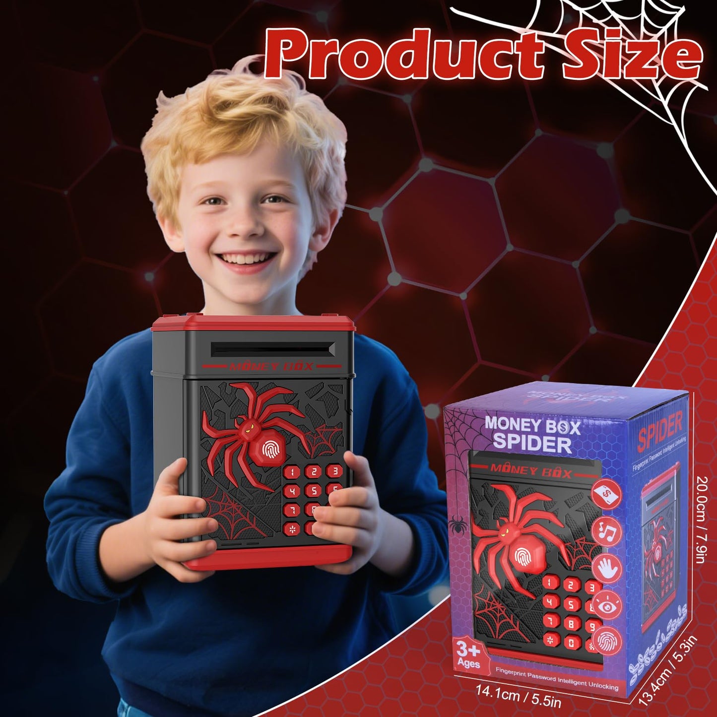 Pupidiu Spider Fingerprint Piggy Bank – Interactive ATM-Style Savings Box for Kids (Black)